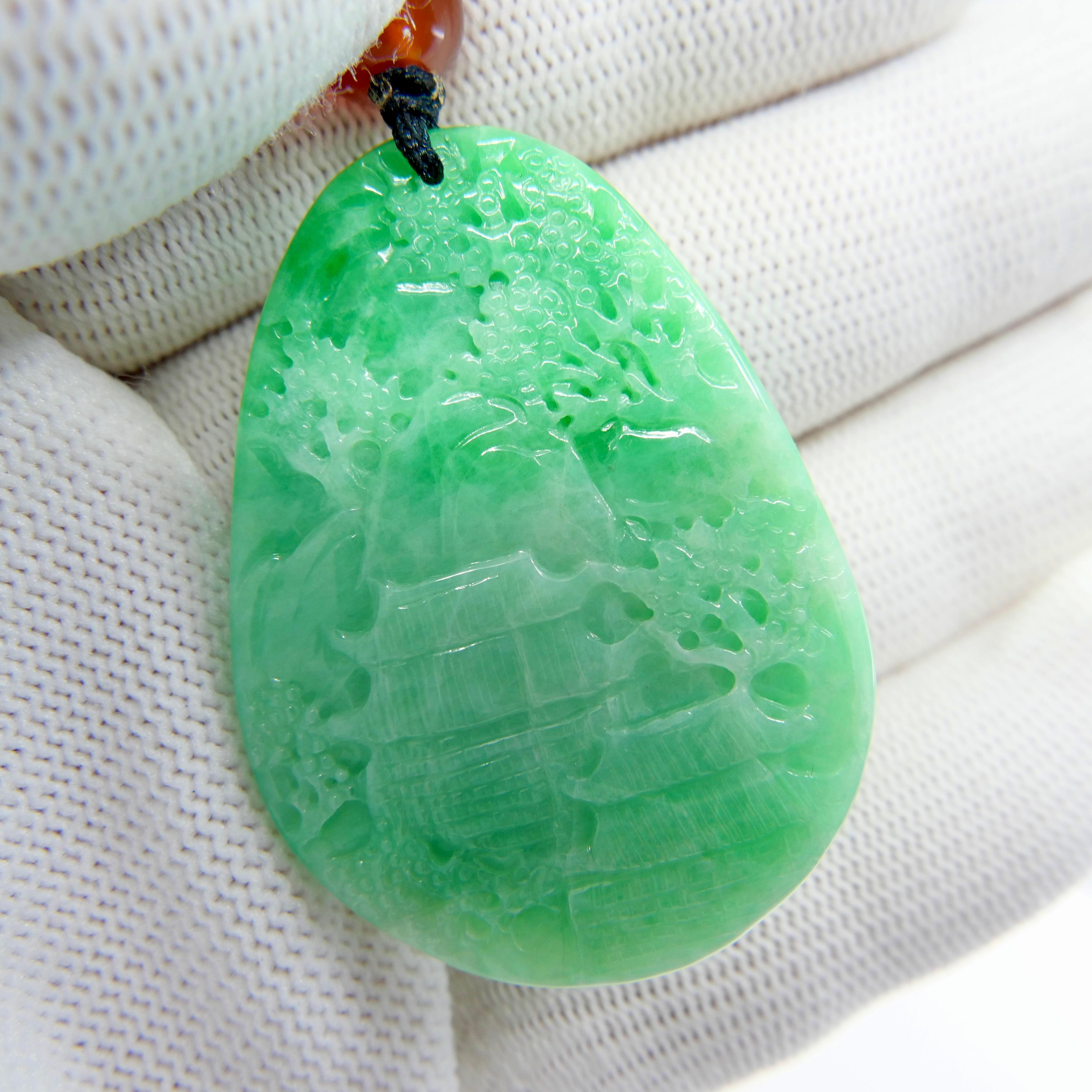 Rough Cut Certified 85.70cts Natural Apple Green Jade Pendant Necklace Exquisite Carving For Sale