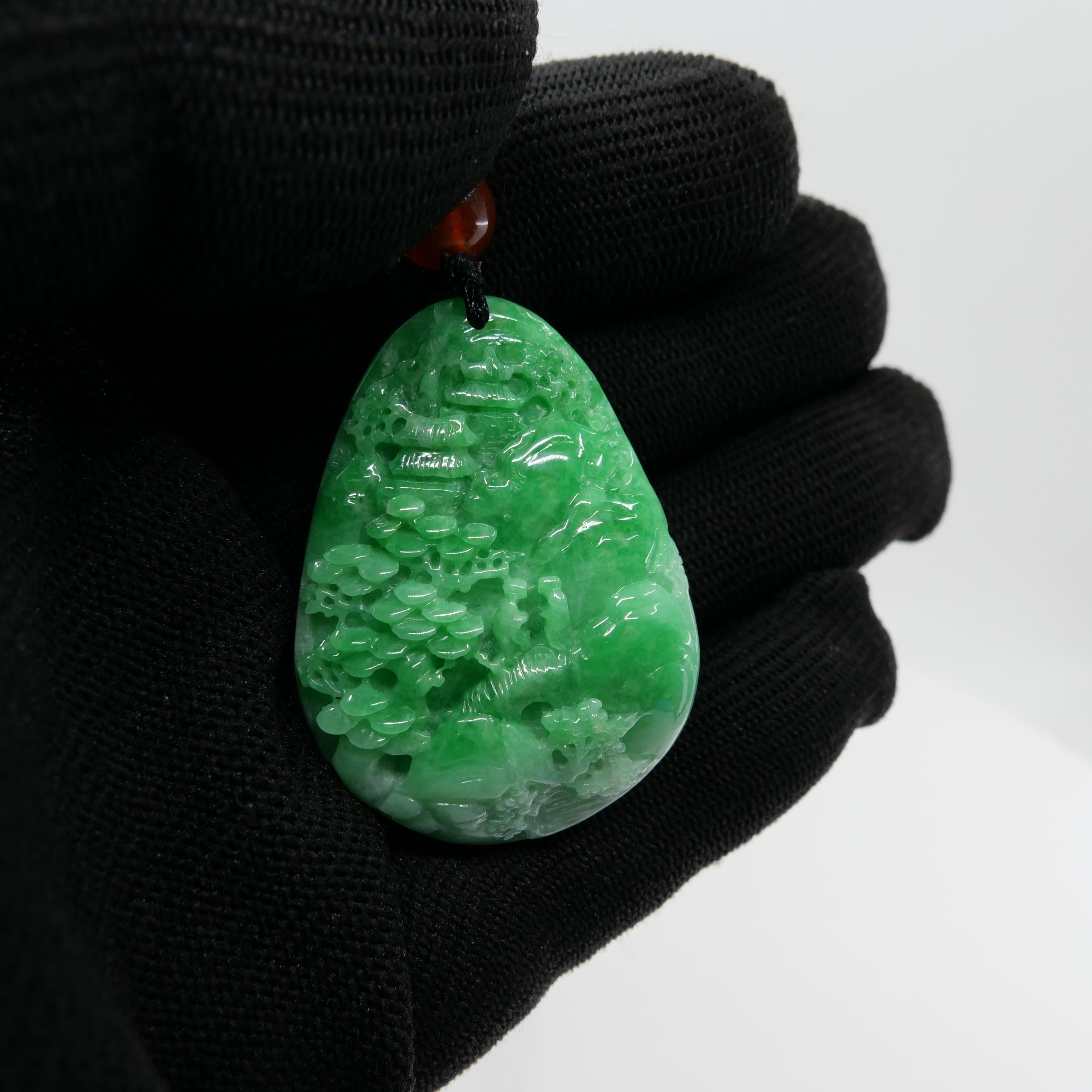 Certified 85.70cts Natural Apple Green Jade Pendant Necklace Exquisite Carving In New Condition For Sale In Hong Kong, HK