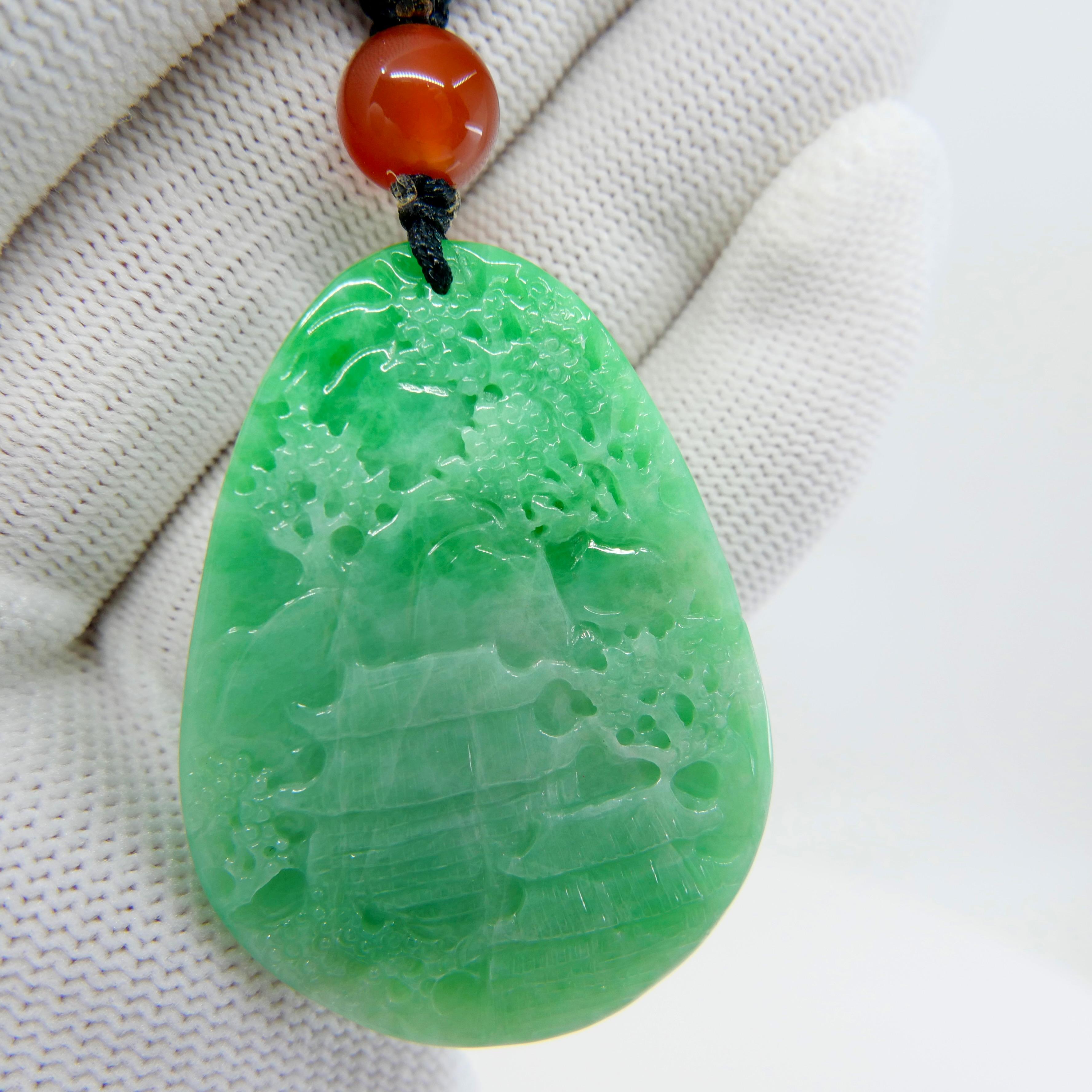 Women's or Men's Certified 85.70cts Natural Apple Green Jade Pendant Necklace Exquisite Carving For Sale
