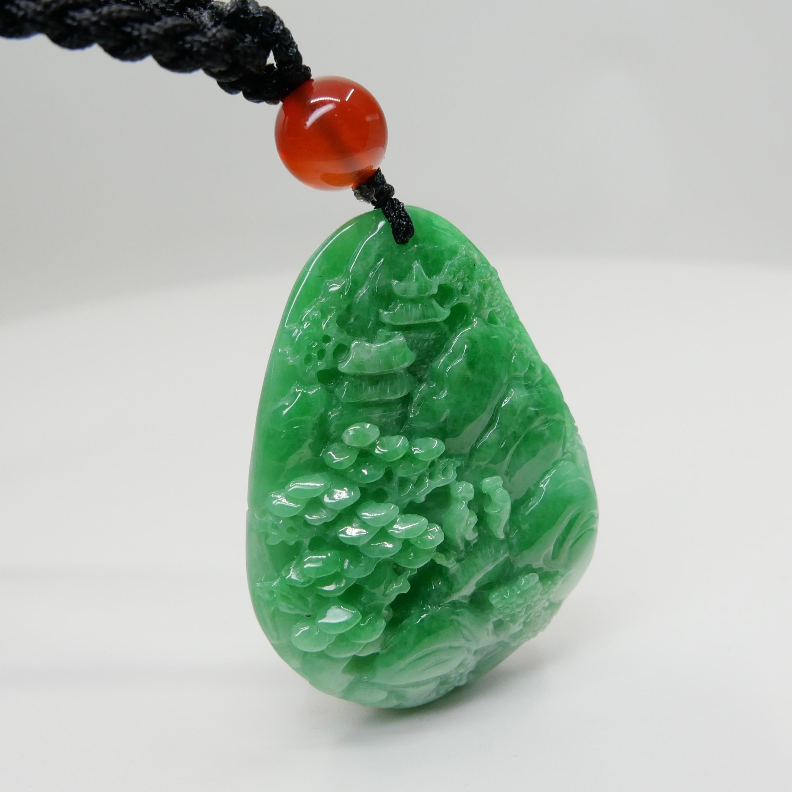 Certified 85.70cts Natural Apple Green Jade Pendant Necklace Exquisite Carving For Sale 3