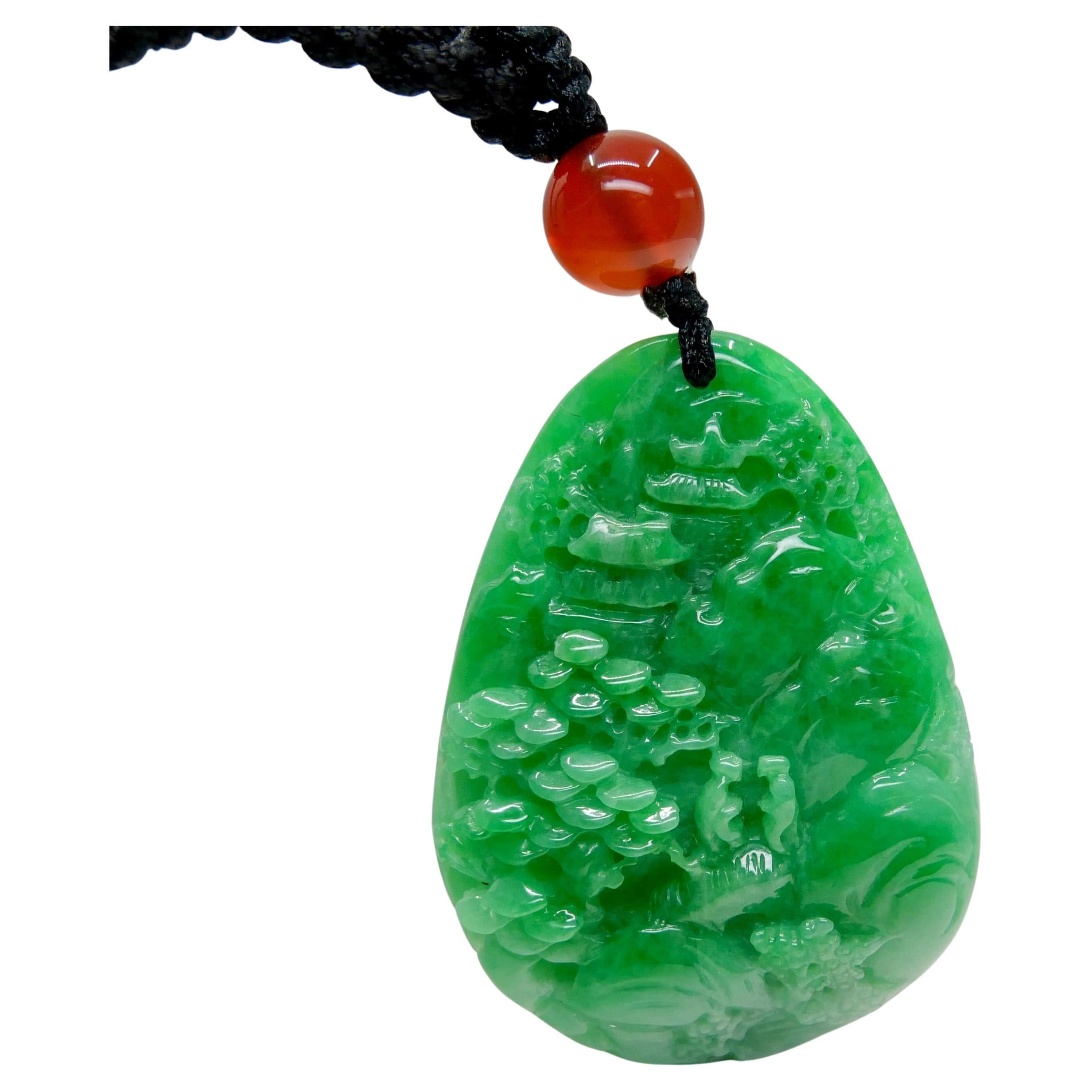 Certified 85.70cts Natural Apple Green Jade Pendant Necklace Exquisite Carving For Sale