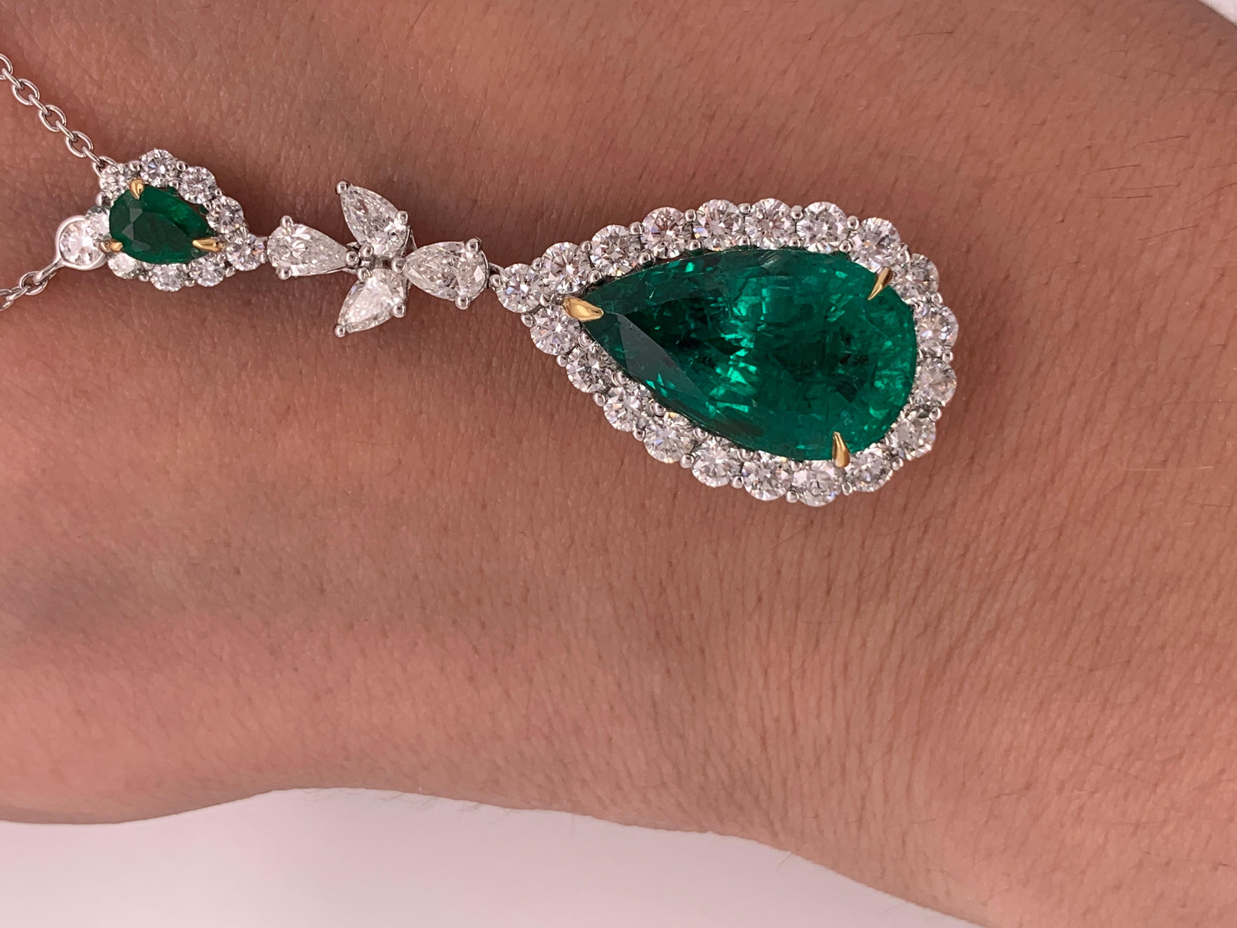 Pear Cut Diana M. Certified 8.58 Carat Green Emerald Pendant For Sale