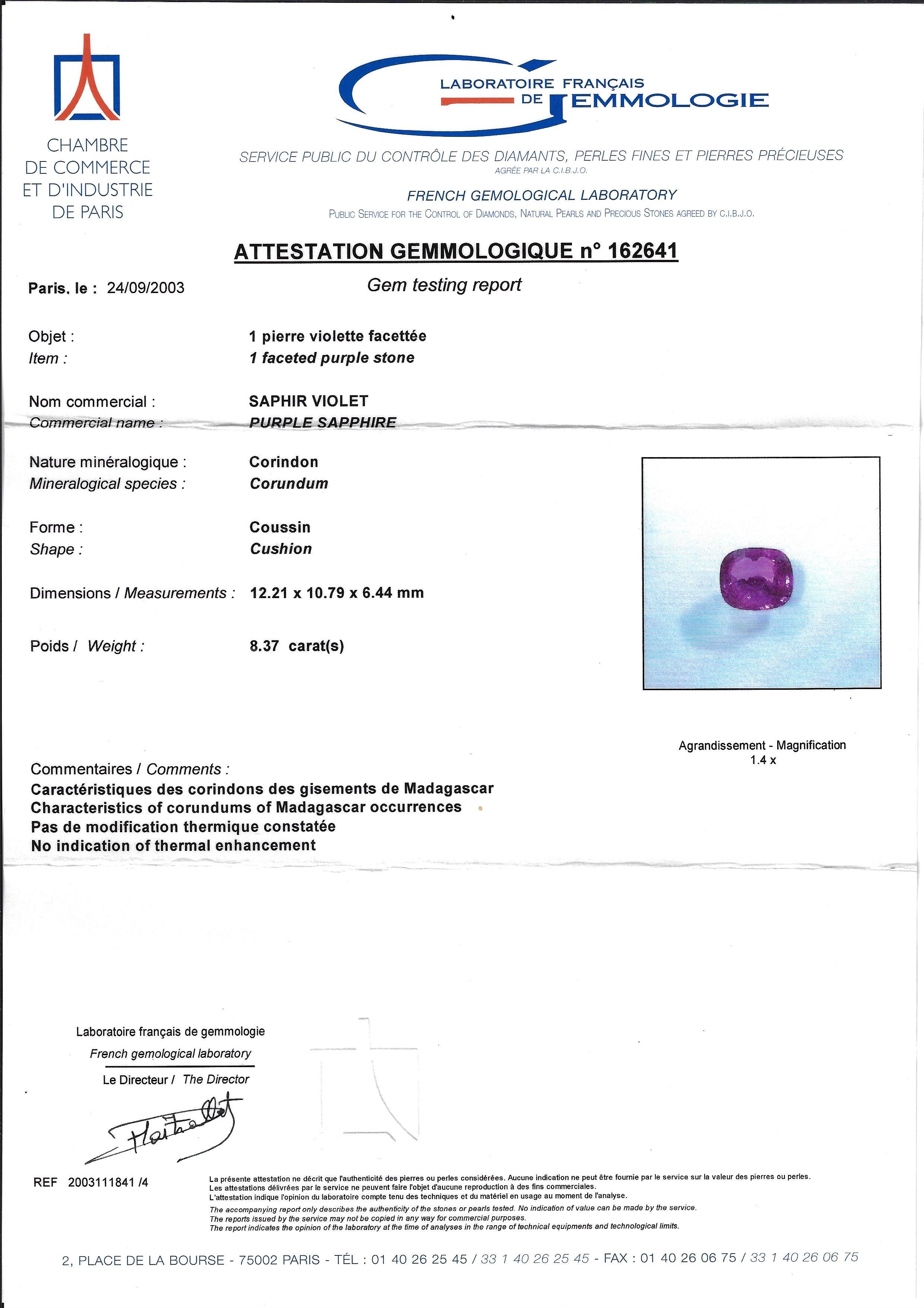 This is an opportunity for you to get a bespoke piece of jewelry designed, working with legendary Paris High Jeweller Édéenne. Using this exceptional 8.37 carat purple sapphire – certified as a pure, non heat purple sapphire of Madagascar origin.
