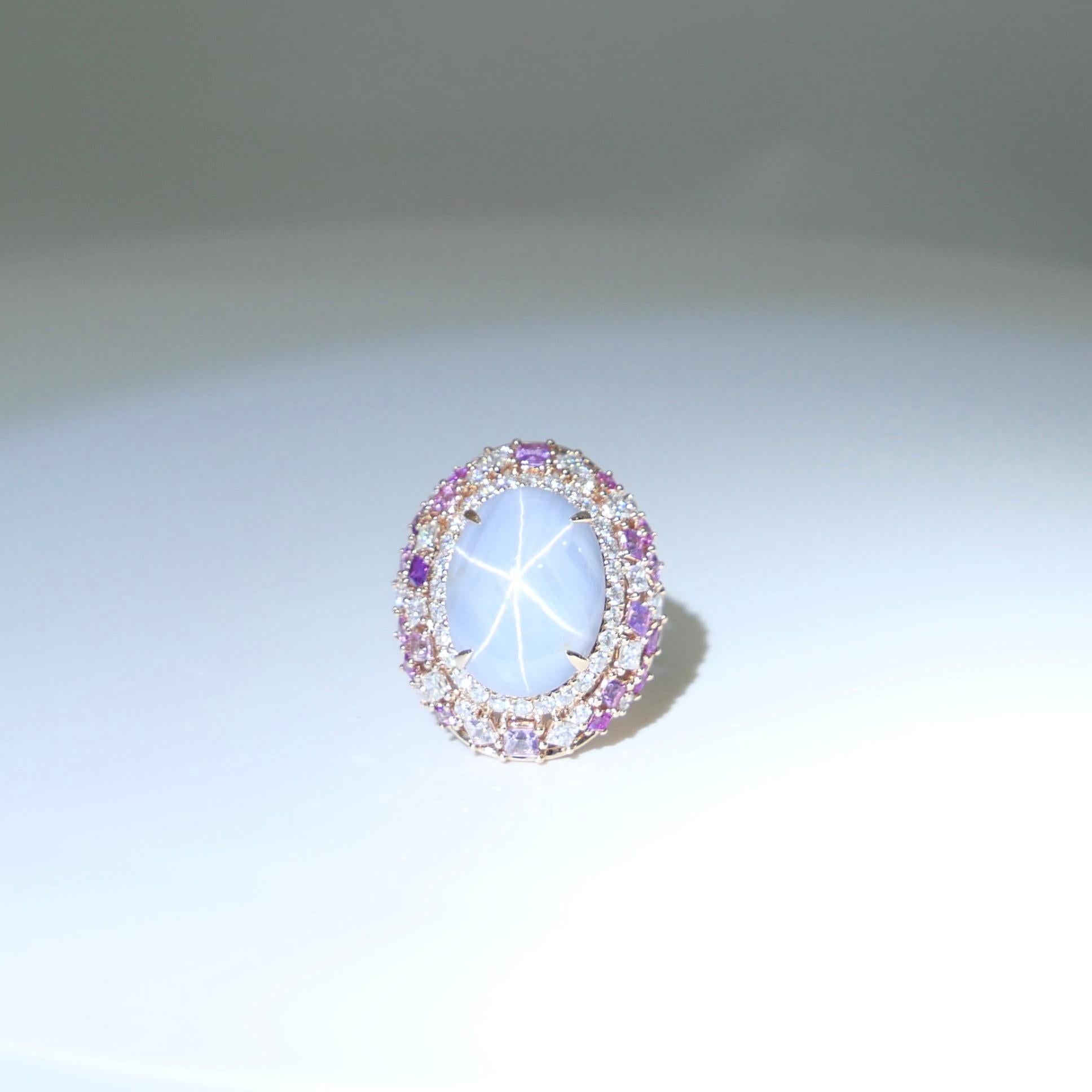 Anello cocktail con zaffiro e diamante Ceylon No Heat Star certificato da 15 mm x 11,6 mm. in vendita 6