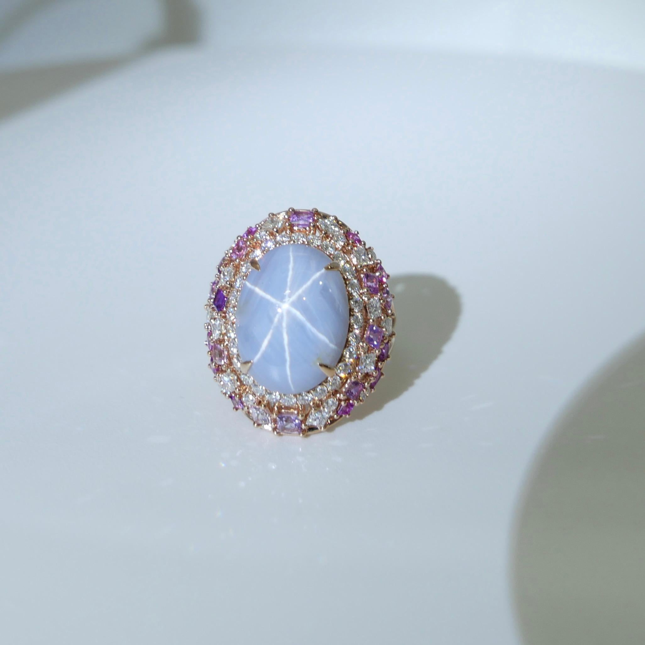 Anello cocktail con zaffiro e diamante Ceylon No Heat Star certificato da 15 mm x 11,6 mm. in vendita 7