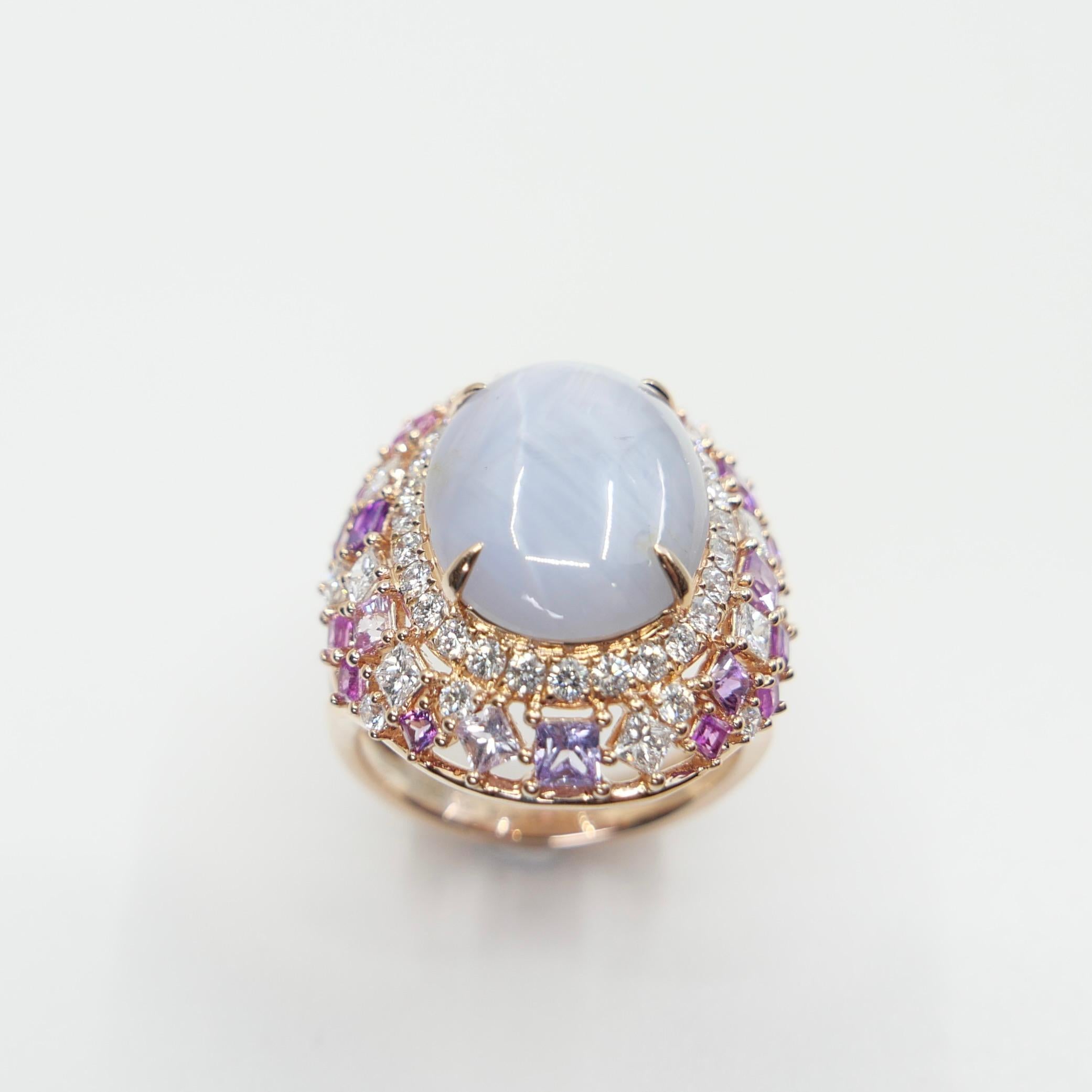 Anello cocktail con zaffiro e diamante Ceylon No Heat Star certificato da 15 mm x 11,6 mm. in vendita 8