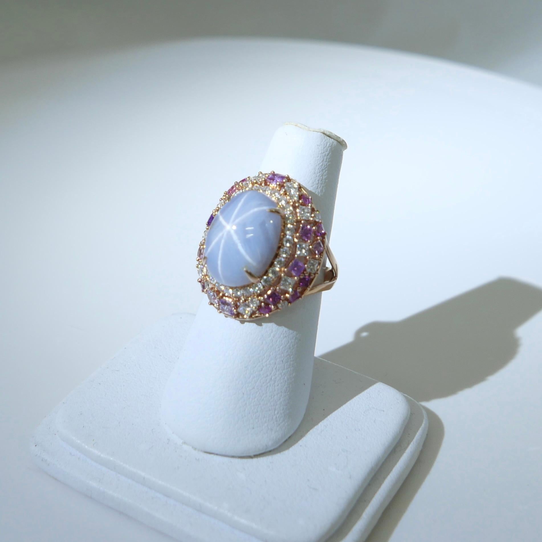 Anello cocktail con zaffiro e diamante Ceylon No Heat Star certificato da 15 mm x 11,6 mm. in vendita 9