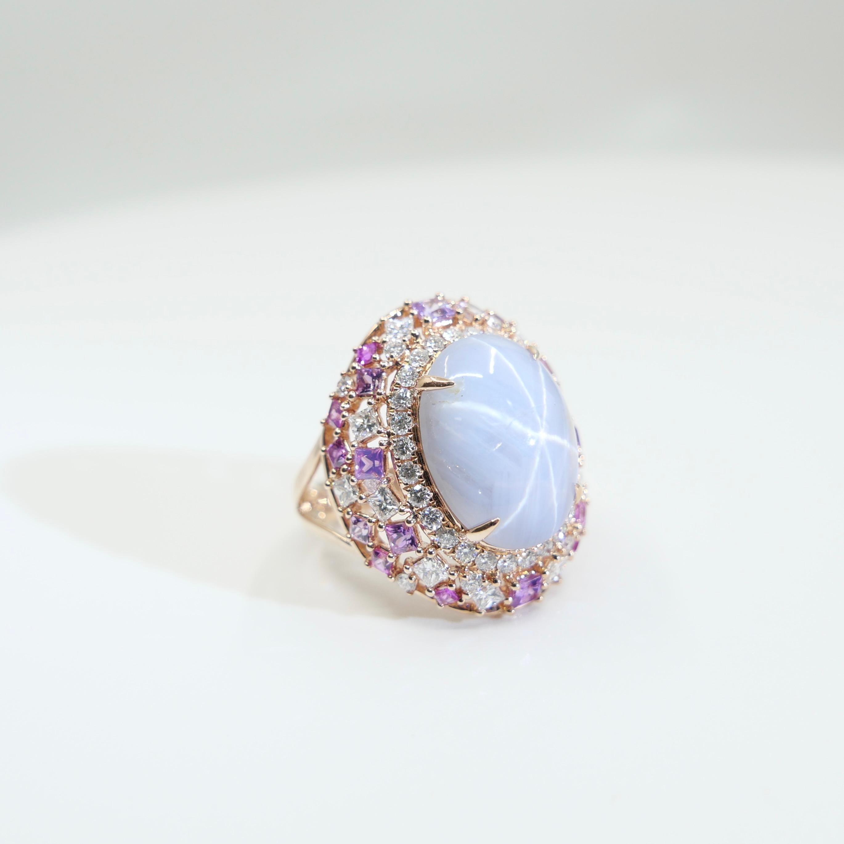 Anello cocktail con zaffiro e diamante Ceylon No Heat Star certificato da 15 mm x 11,6 mm. in vendita 10