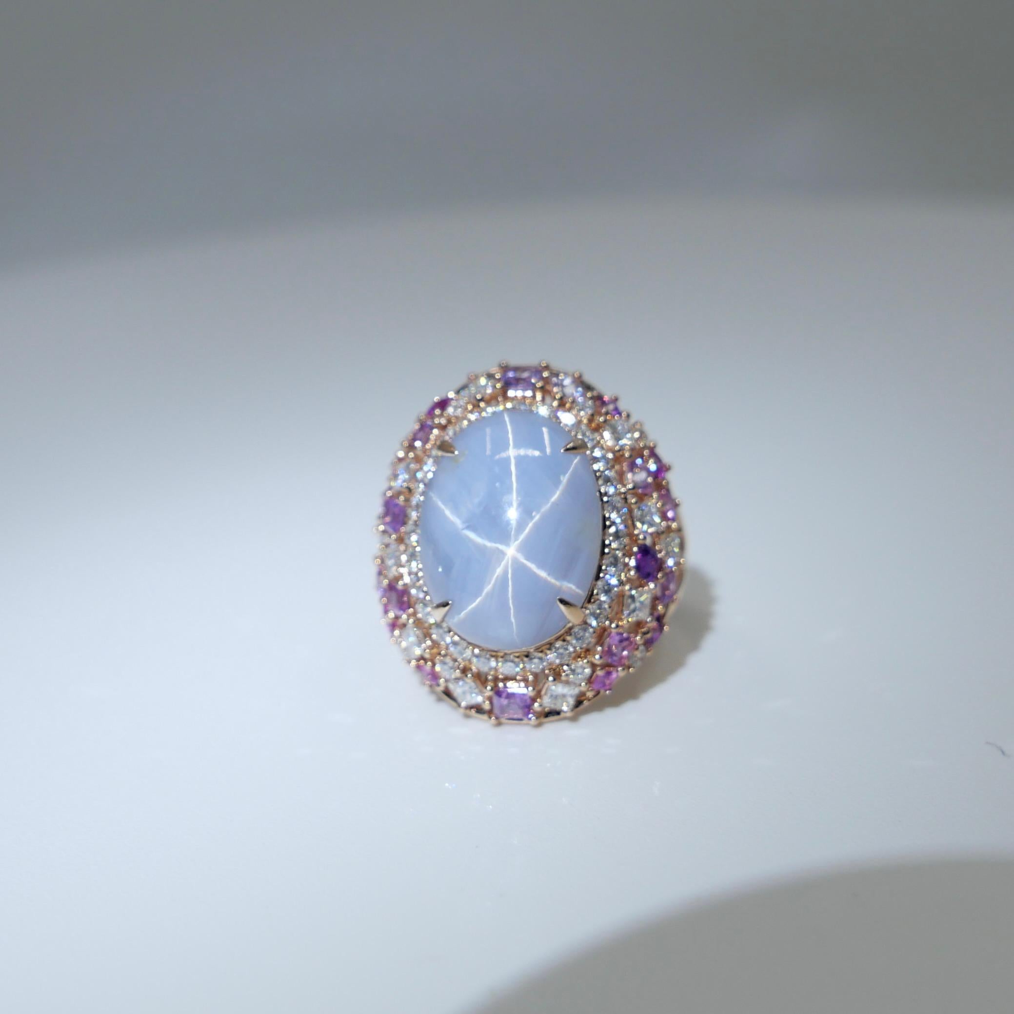 Anello cocktail con zaffiro e diamante Ceylon No Heat Star certificato da 15 mm x 11,6 mm. in vendita 13