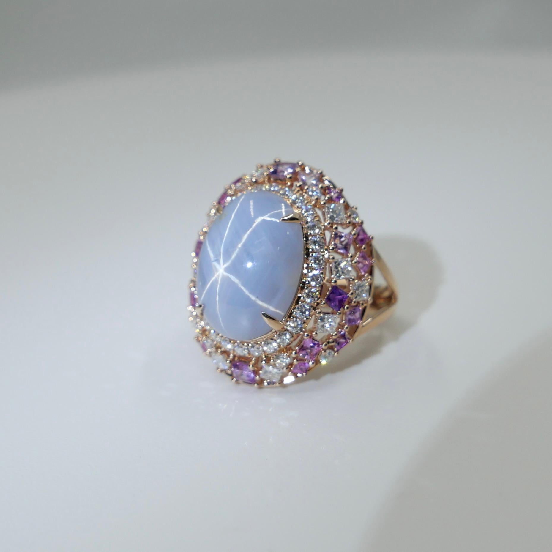 Anello cocktail con zaffiro e diamante Ceylon No Heat Star certificato da 15 mm x 11,6 mm. in vendita 14