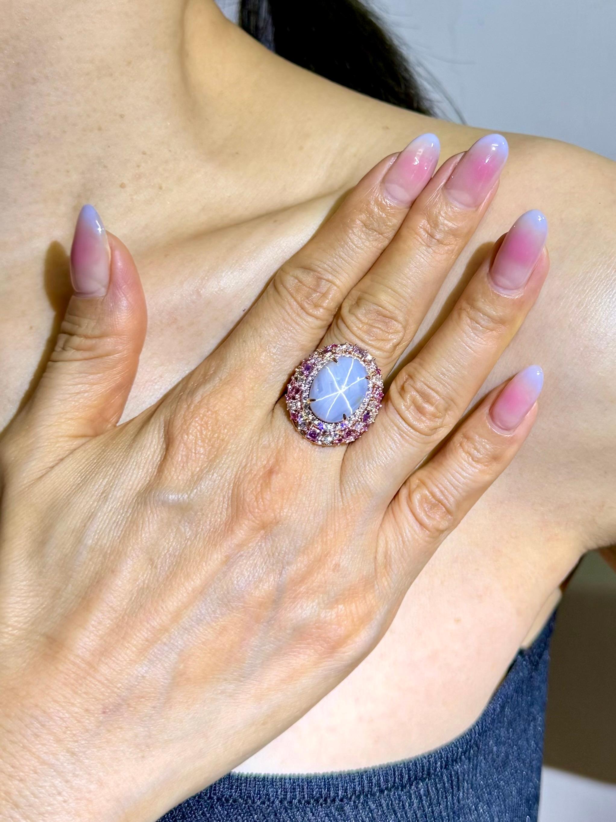 Anello cocktail con zaffiro e diamante Ceylon No Heat Star certificato da 15 mm x 11,6 mm. in vendita 3
