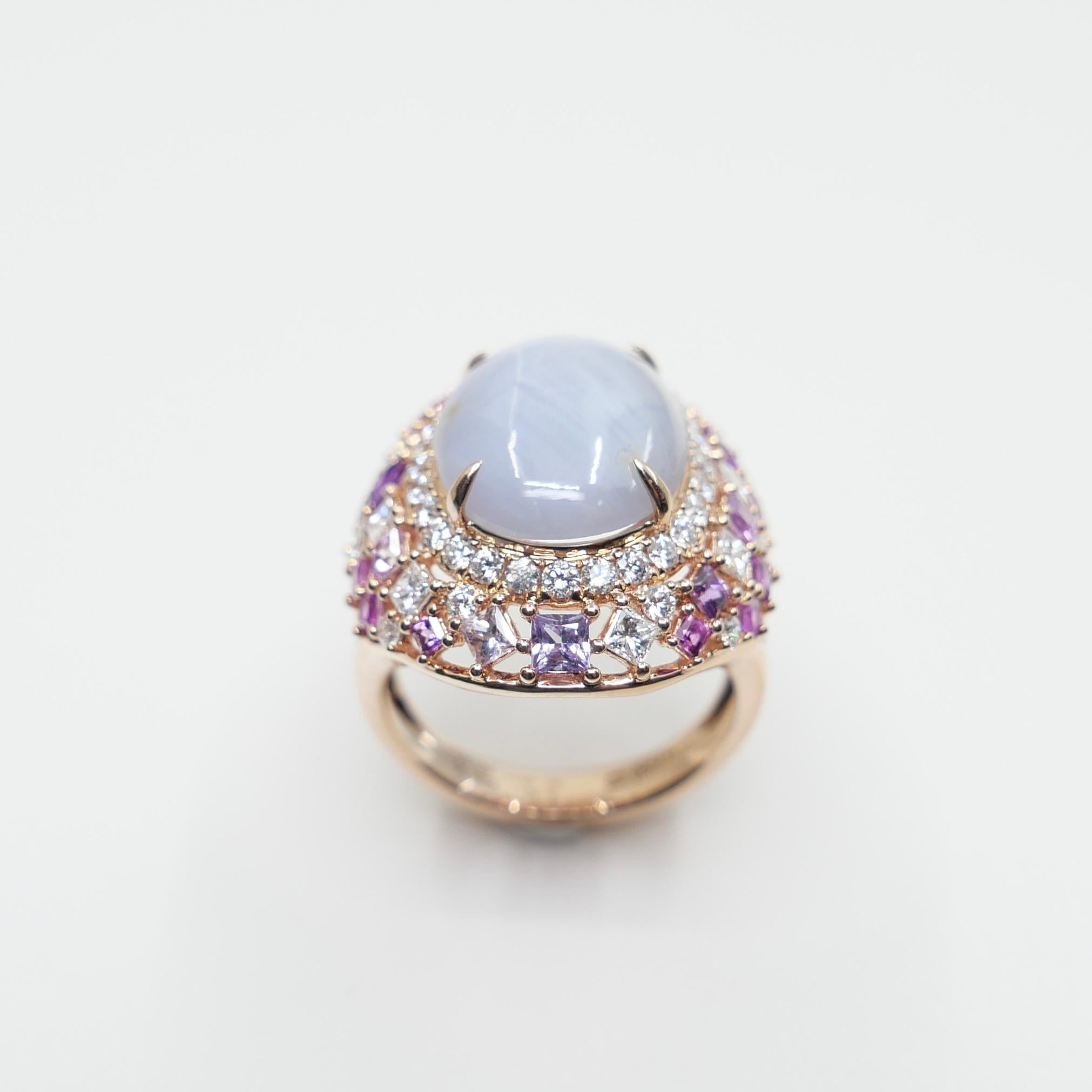 Anello cocktail con zaffiro e diamante Ceylon No Heat Star certificato da 15 mm x 11,6 mm. in vendita 4