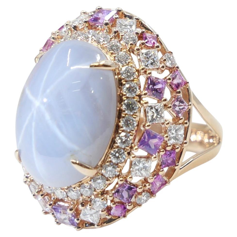 Certified 15mm x 11.6mm Ceylon No Heat Star Sapphire & Diamond Cocktail Ring.