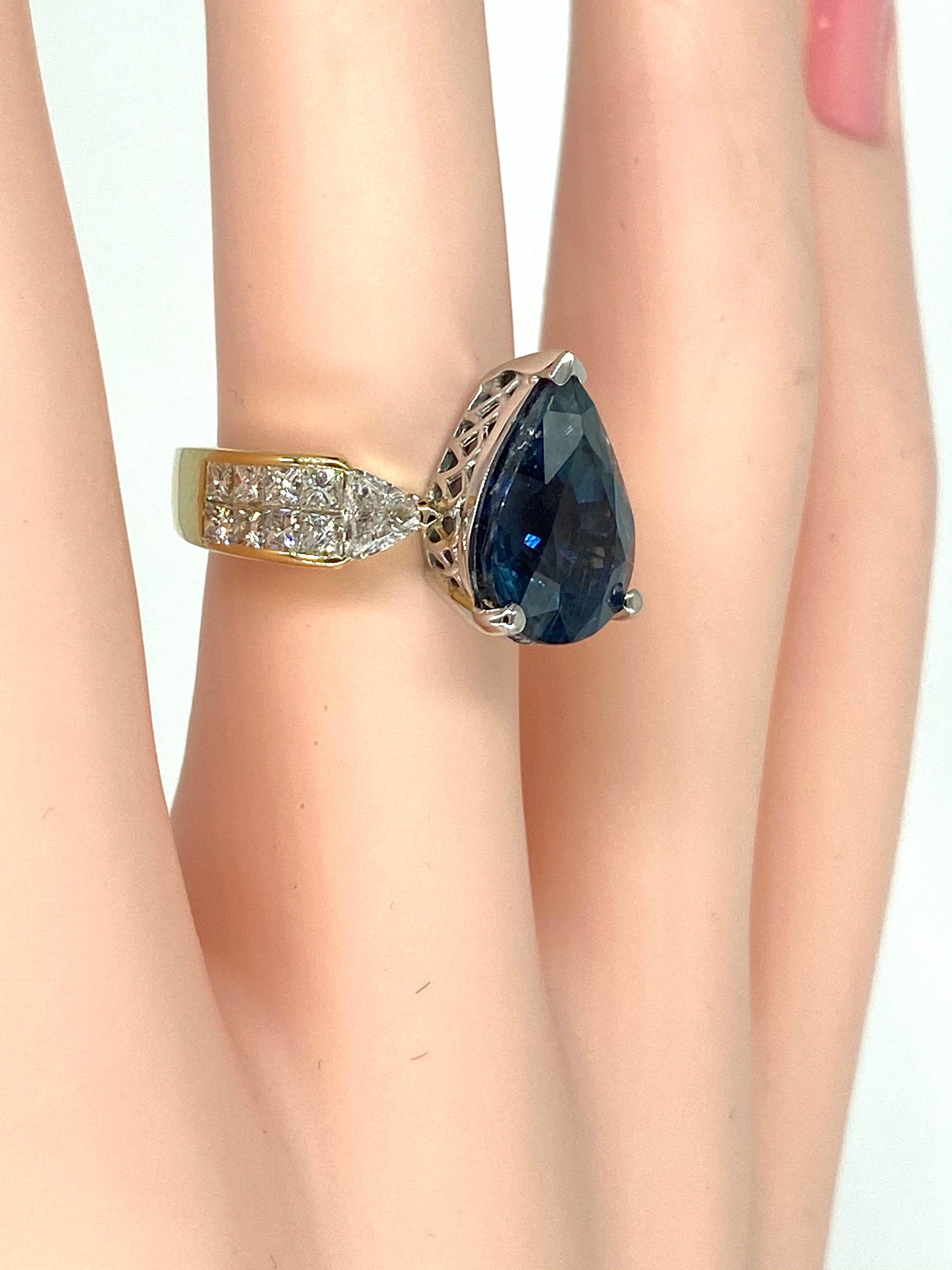 Pear Cut Certified 8 Carat Natural No Heat Blue Sapphire & Diamond Ring 18k Gold For Sale