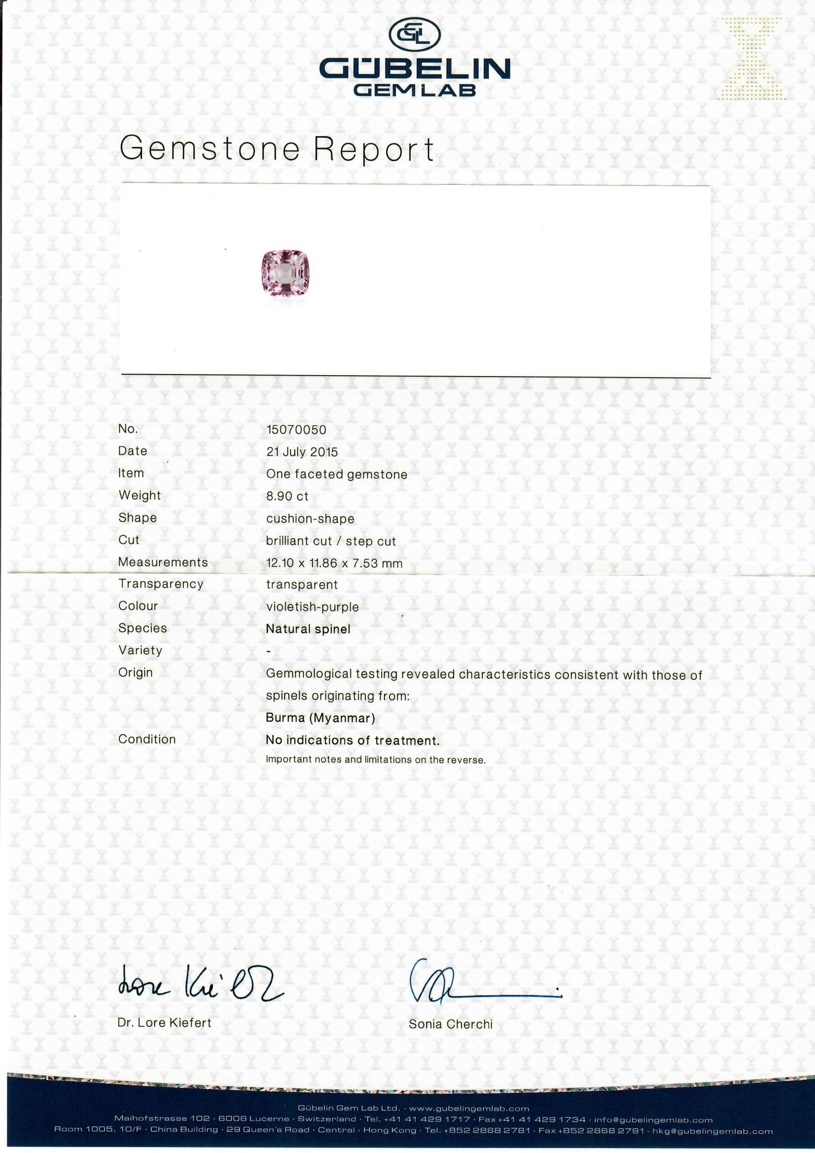 Contemporary Certified 8.90 Ct Violet Burmese Spinel and Diamond Ring in 18 Karat White Gold For Sale