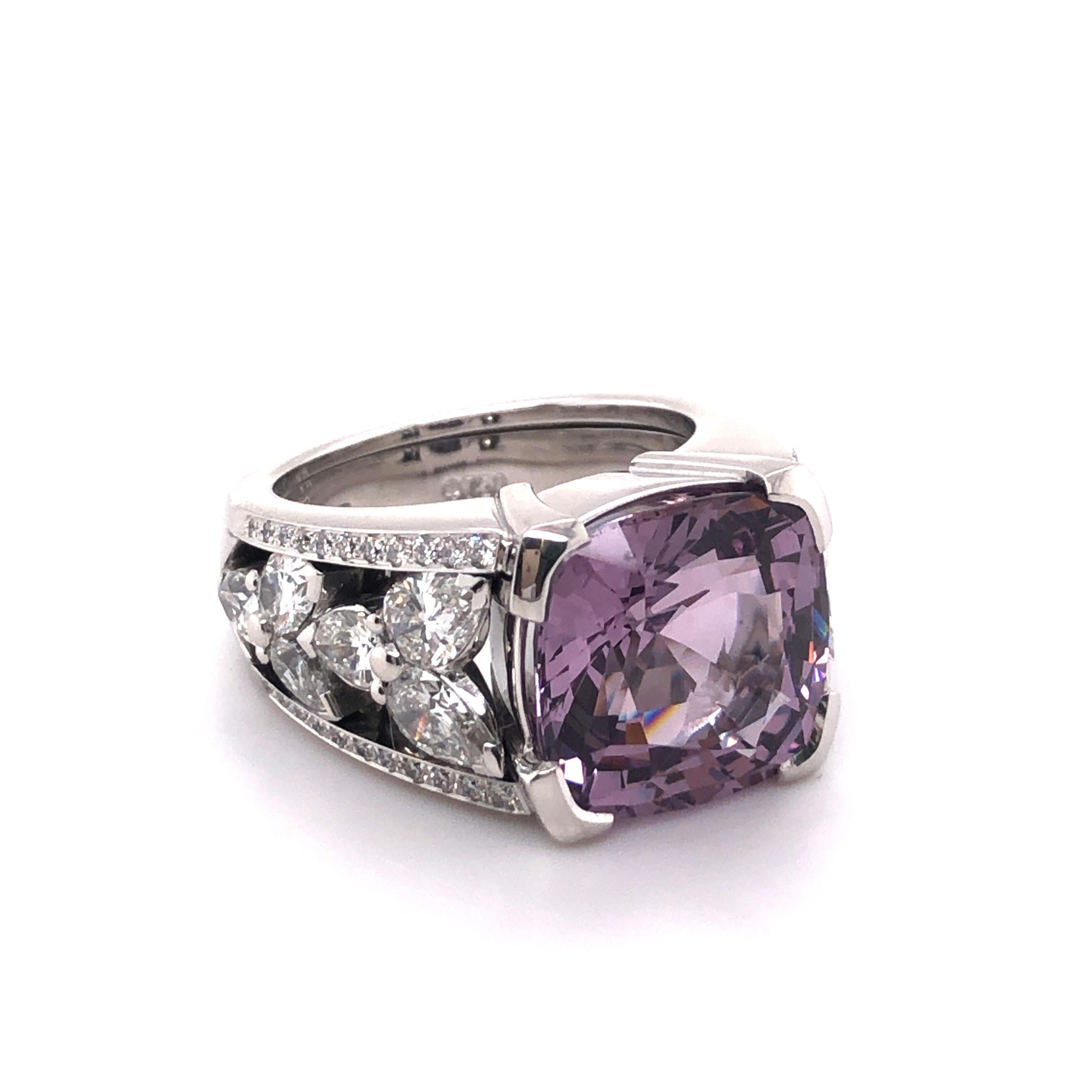 Cushion Cut Certified 8.90 Ct Violet Burmese Spinel and Diamond Ring in 18 Karat White Gold For Sale