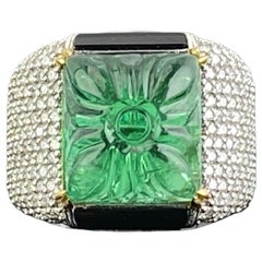 Certified 9 Carat Carved Emerald, Diamond and Black Onyx Art Deco Cocktail Ring