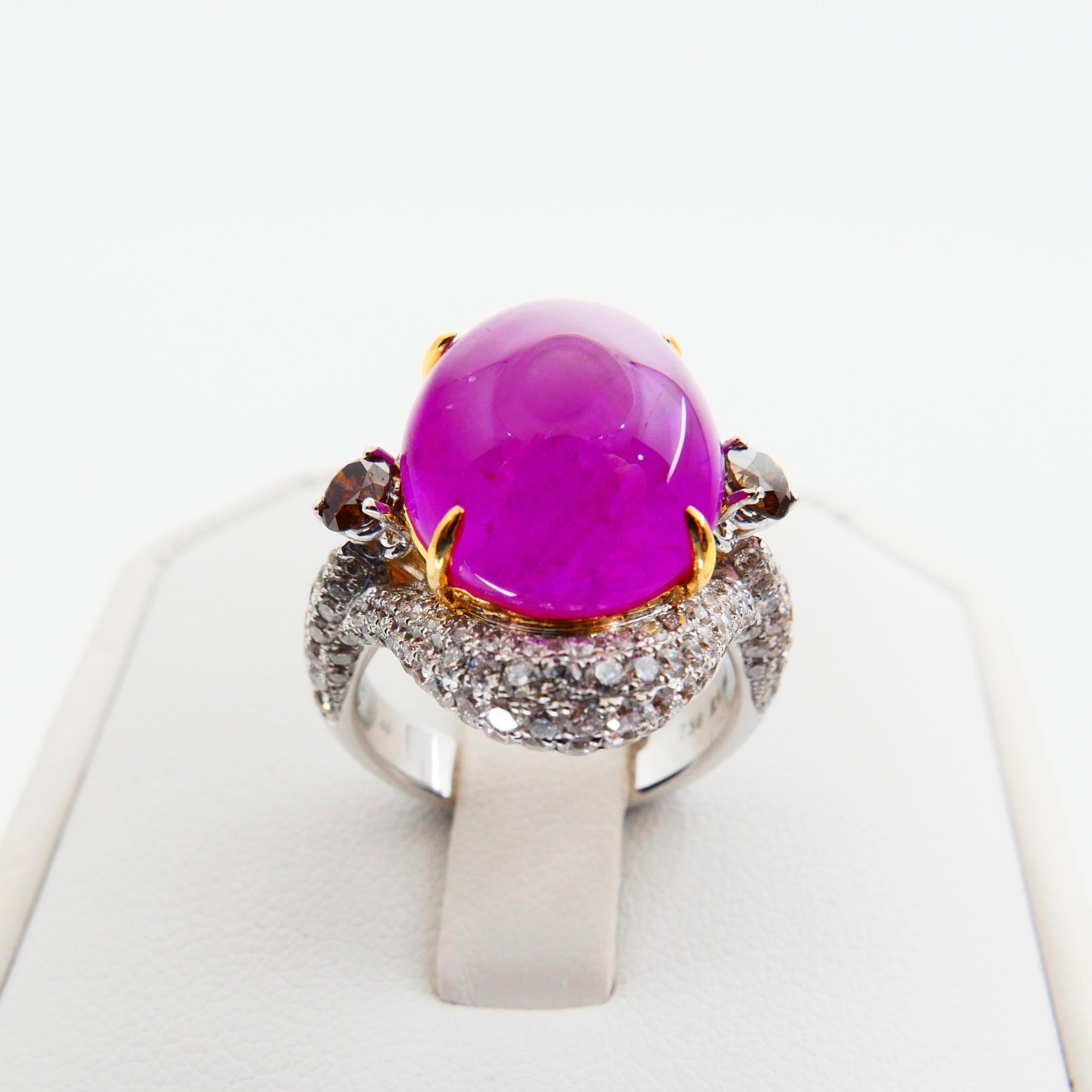 Certified 9 Carat No Heat Pinkish Red Ruby & Fancy Cognac Diamond Cocktail Ring For Sale 9
