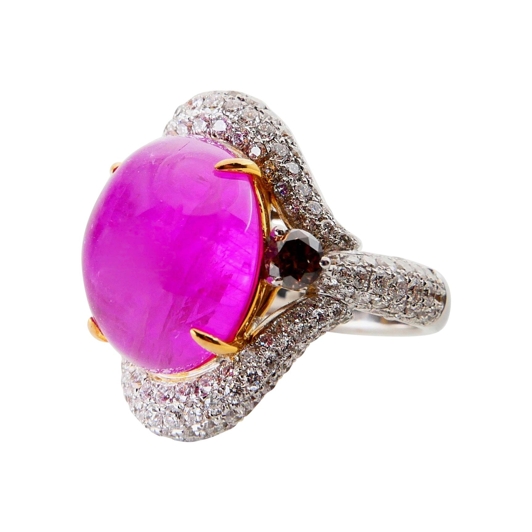 Contemporary Certified 9 Carat No Heat Pinkish Red Ruby & Fancy Cognac Diamond Cocktail Ring For Sale