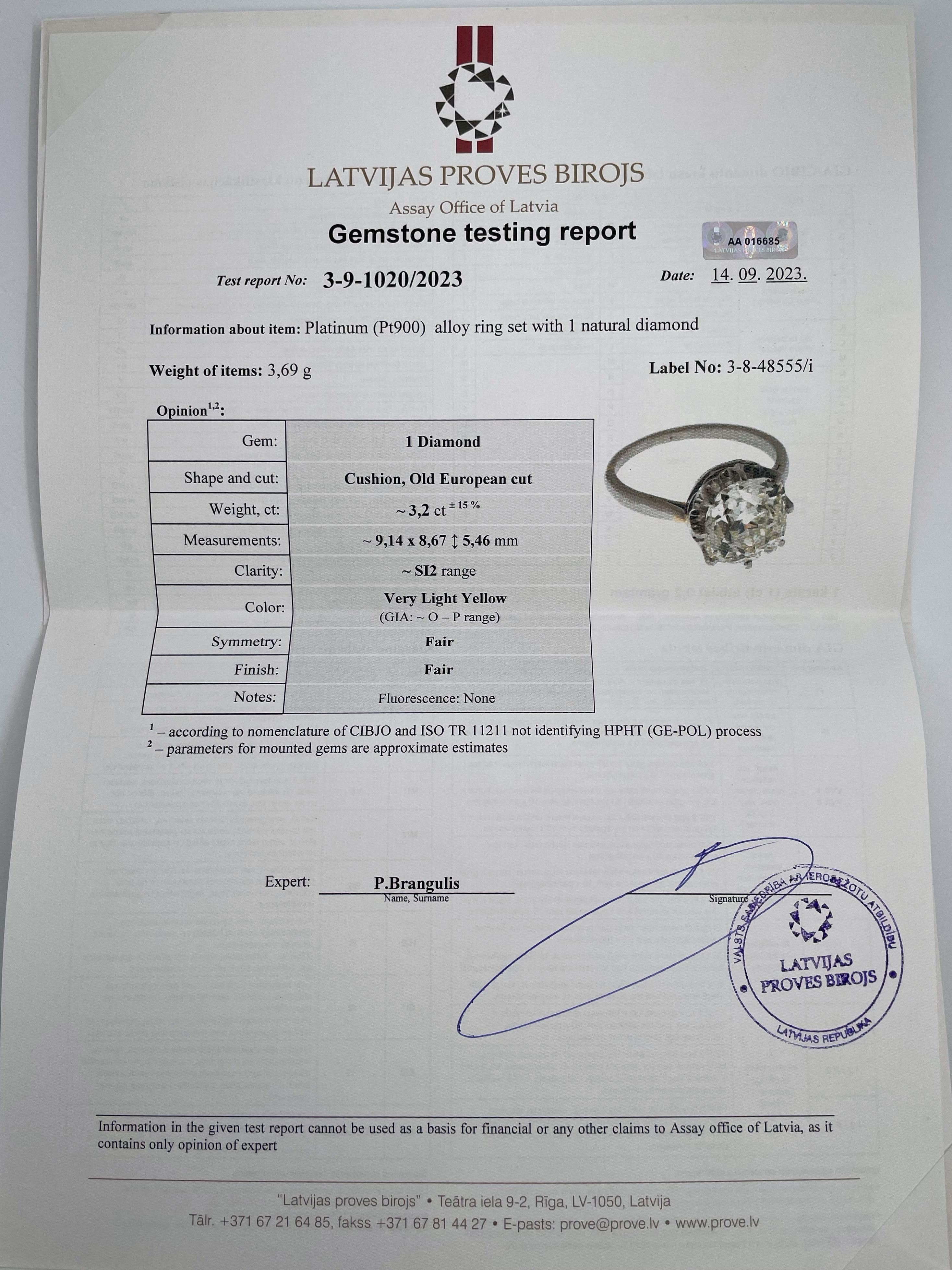 This is a magnificent solitaire ring crafted in 900 platinum. The piece is certified by the Assay Office with a gemstone testing report.

Diamond characteristics:
- shape and cut: Cushion, Old European cut
- weight: 3.2ct 
- measurements: