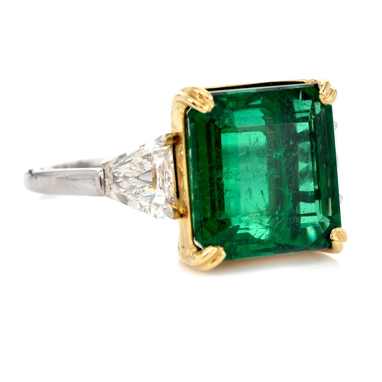 Certified  9.02cts Zambian Emerald Diamond Platinum Cocktail Ring In Excellent Condition For Sale In Miami, FL