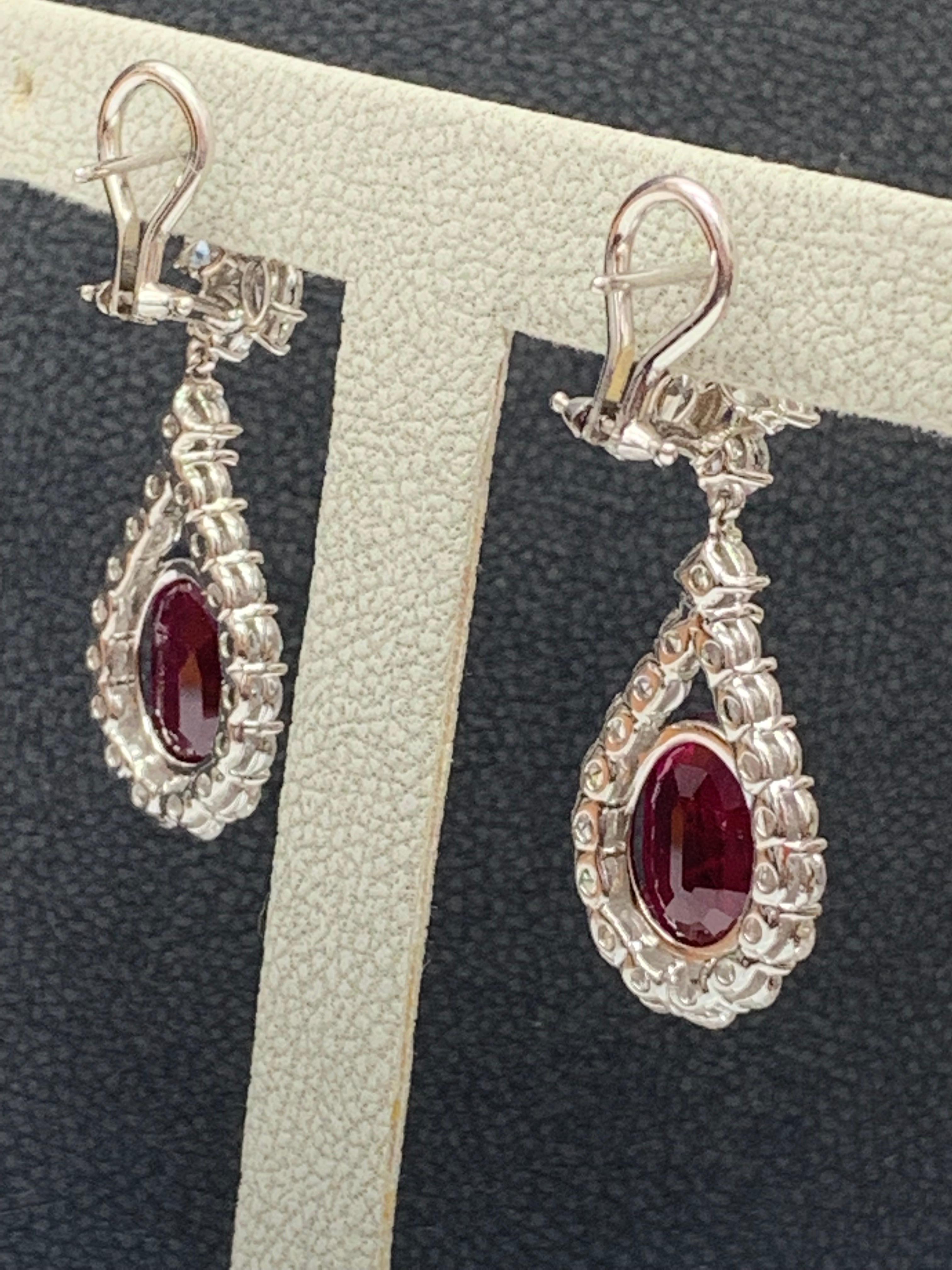 Oval Cut Certified 9.05 Carat Burma Ruby and Diamond Drop Earrings in 18K White Gold For Sale
