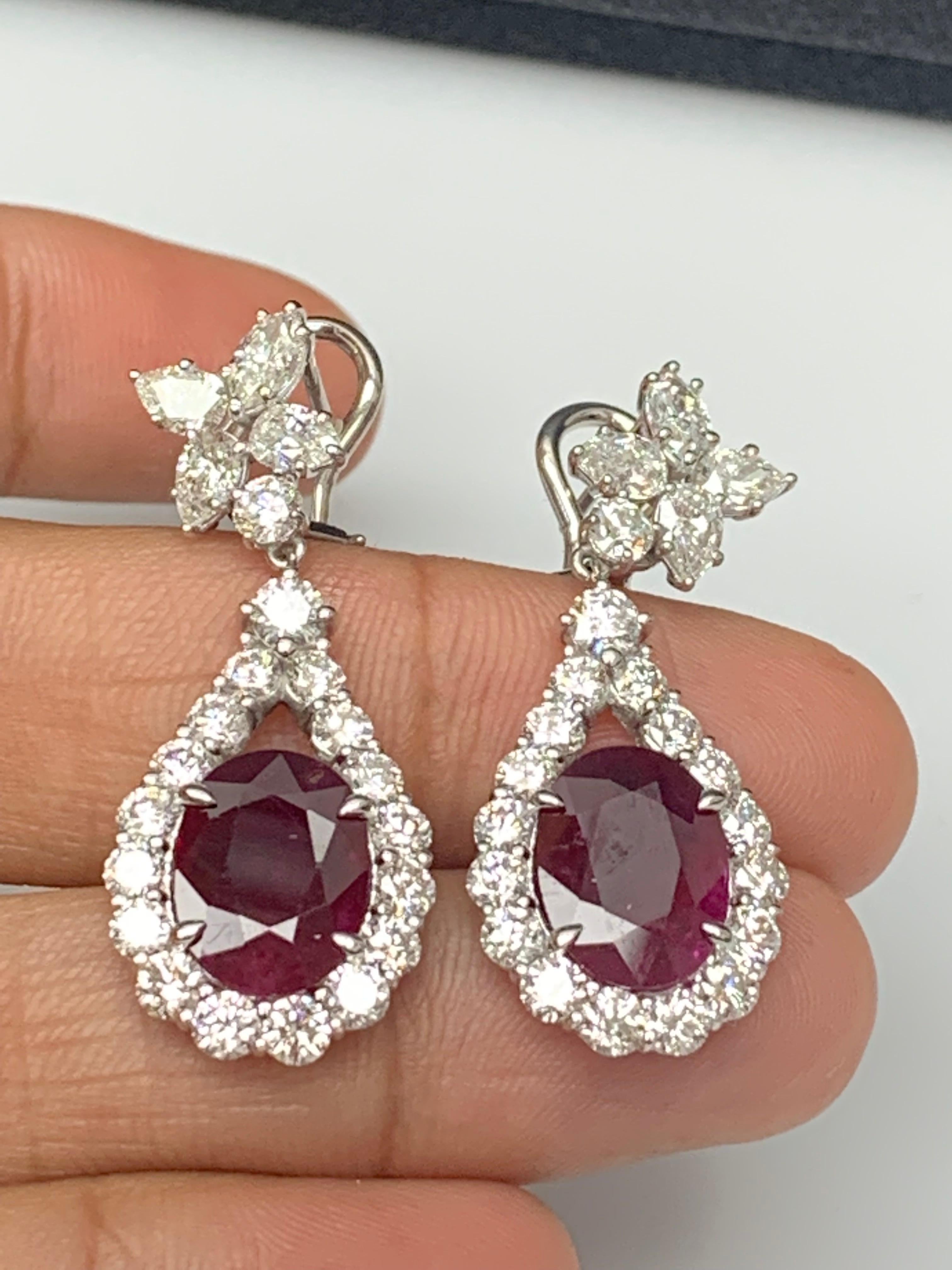 Women's Certified 9.05 Carat Burma Ruby and Diamond Drop Earrings in 18K White Gold For Sale