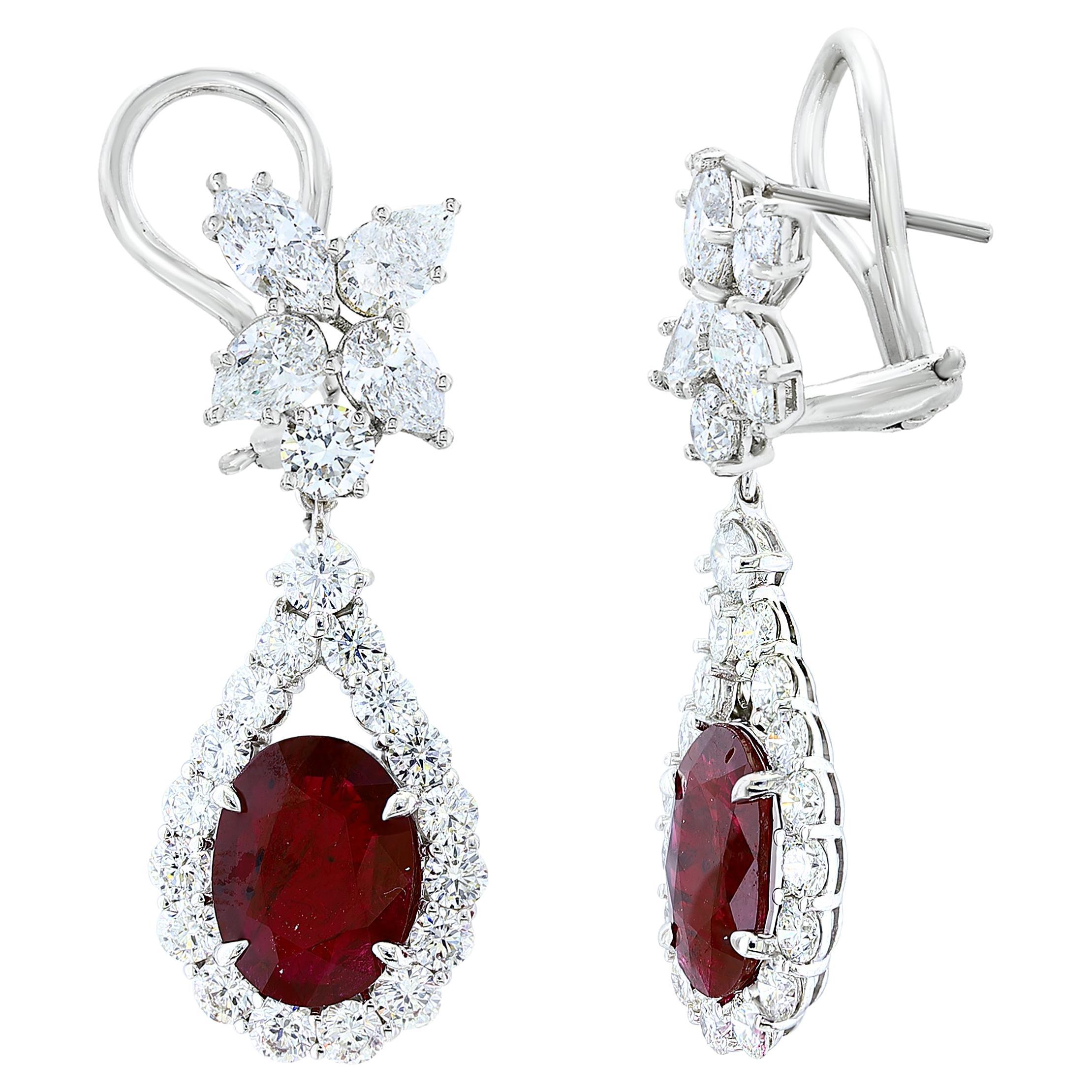 Certified 9.05 Carat Burma Ruby and Diamond Drop Earrings in 18K White Gold For Sale