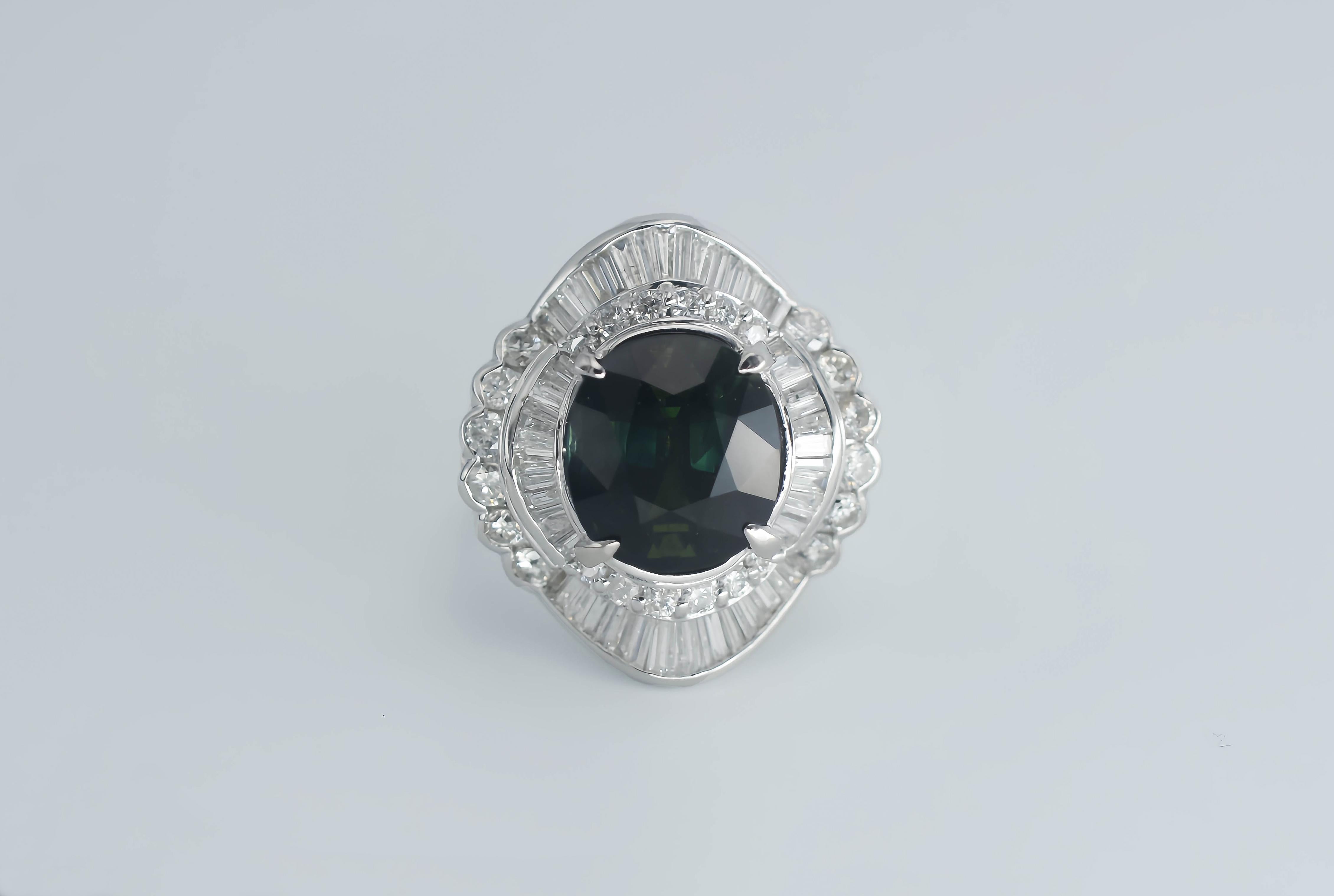 Women's or Men's Certified 9.19ct Unheated Blue-Green Sapphire Diamond Platinum Cocktail Ring For Sale