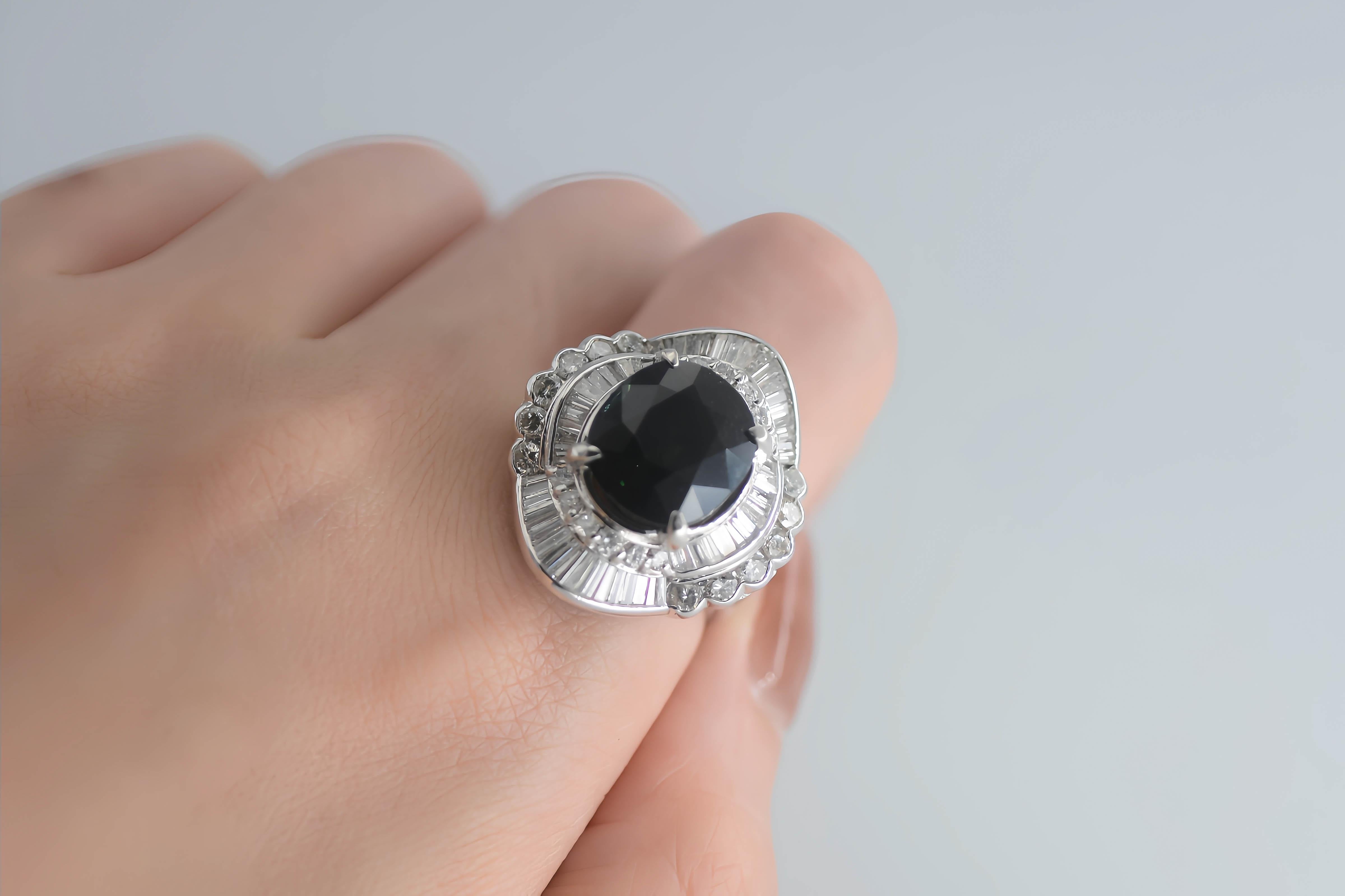 Certified 9.19ct Unheated Blue-Green Sapphire Diamond Platinum Cocktail Ring For Sale 1