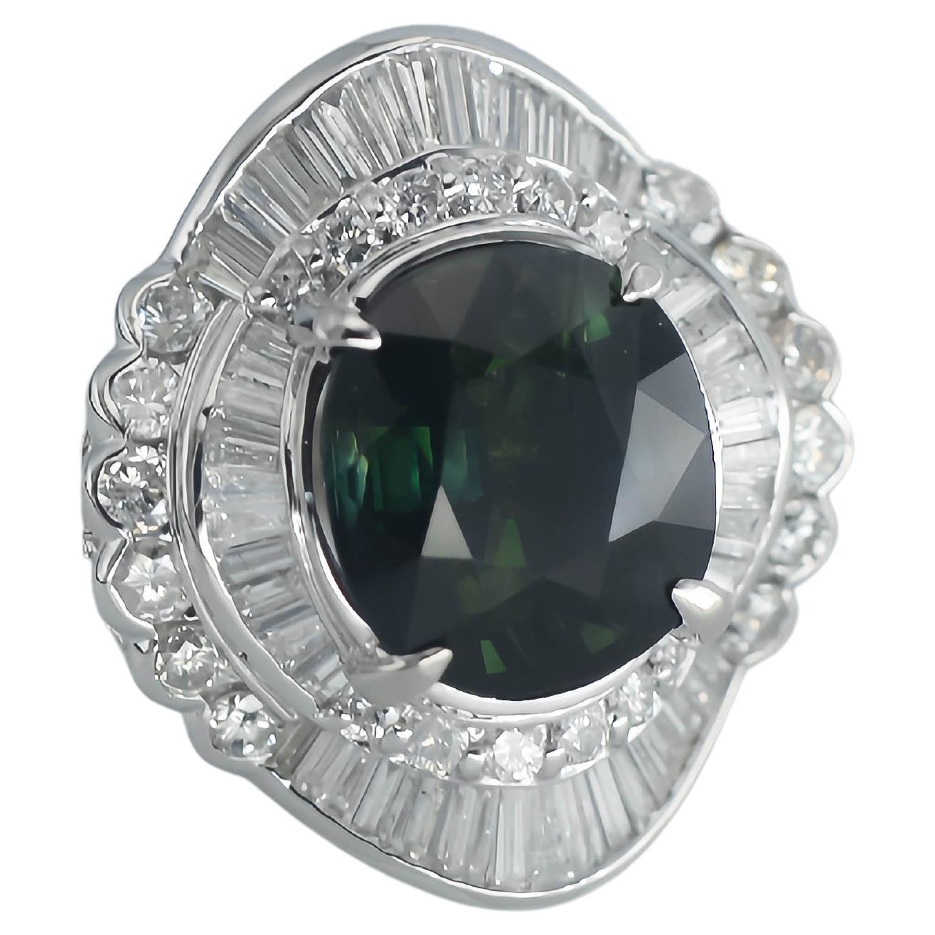 Certified 9.19ct Unheated Blue-Green Sapphire Diamond Platinum Cocktail Ring For Sale