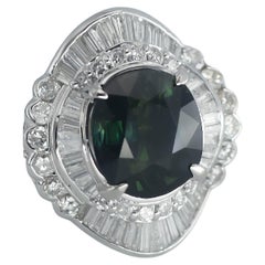 Certified 9.19ct Unheated Blue-Green Sapphire Diamond Platinum Cocktail Ring
