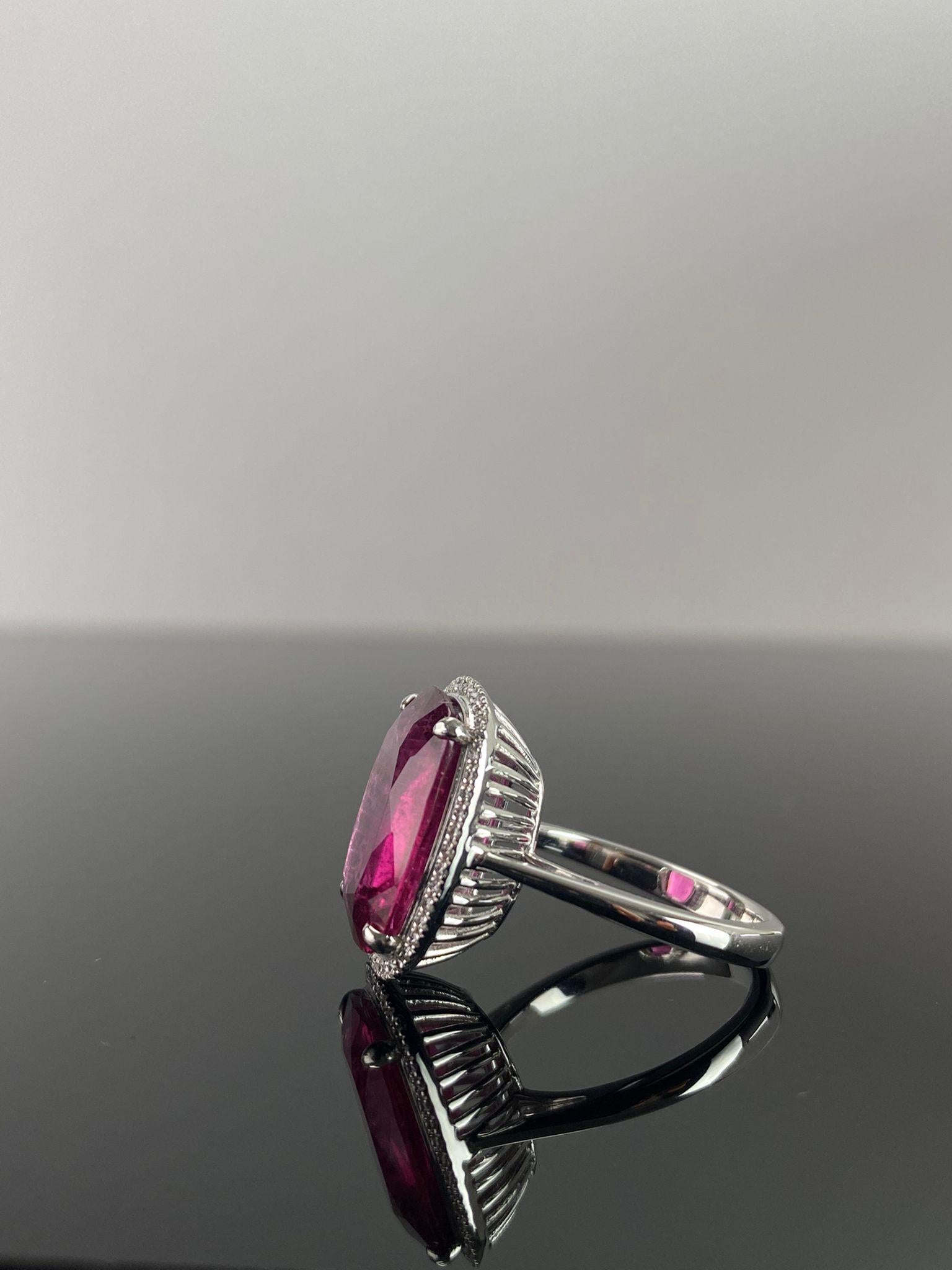Cushion Cut Certified 9.40 Carat Rubelite Tourmaline and Diamond Cocktail Engagement Ring For Sale