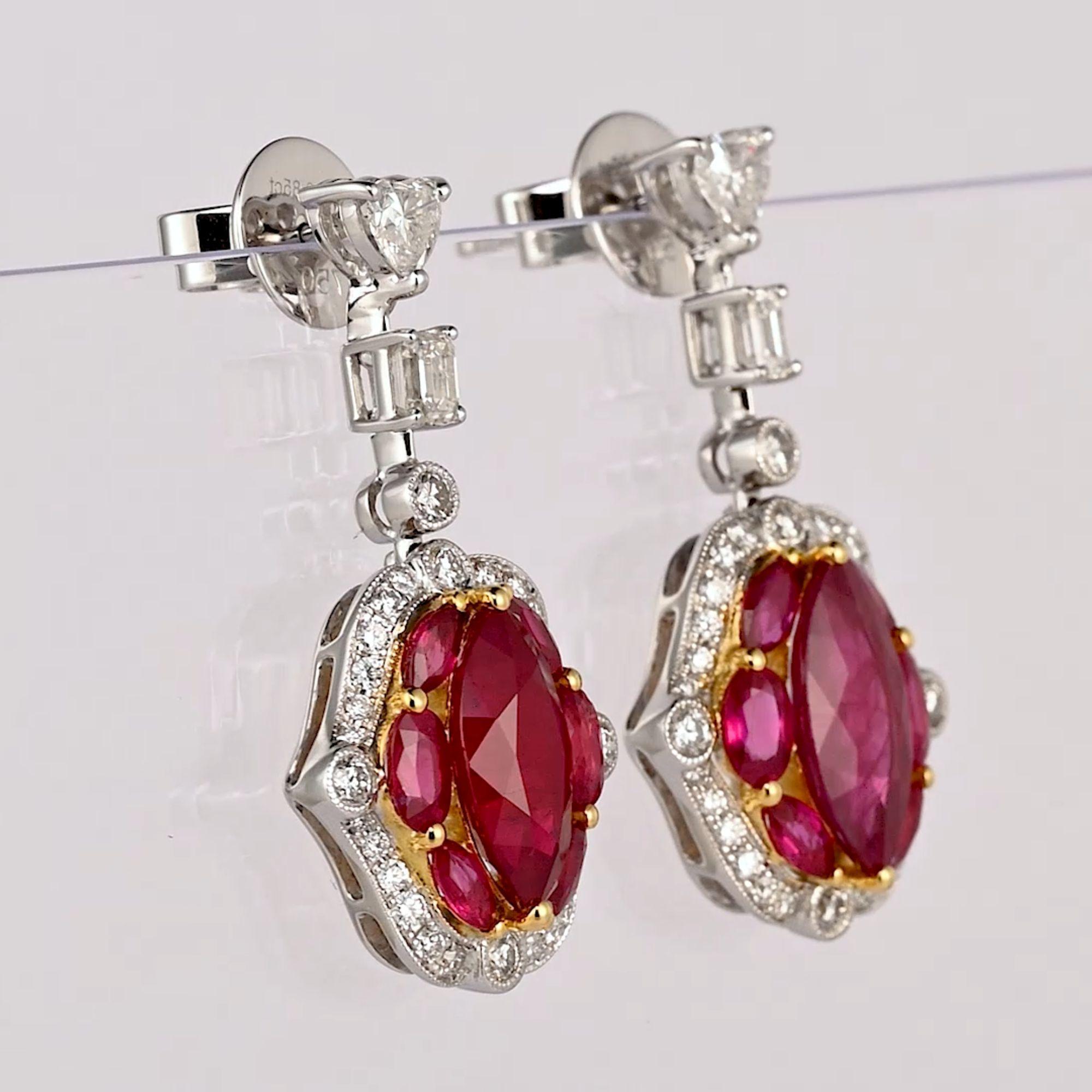 Boucles d'oreilles pendantes chandelier certifiées 9.47 carats rubis birman et diamant à grains multiples Pour femmes en vente