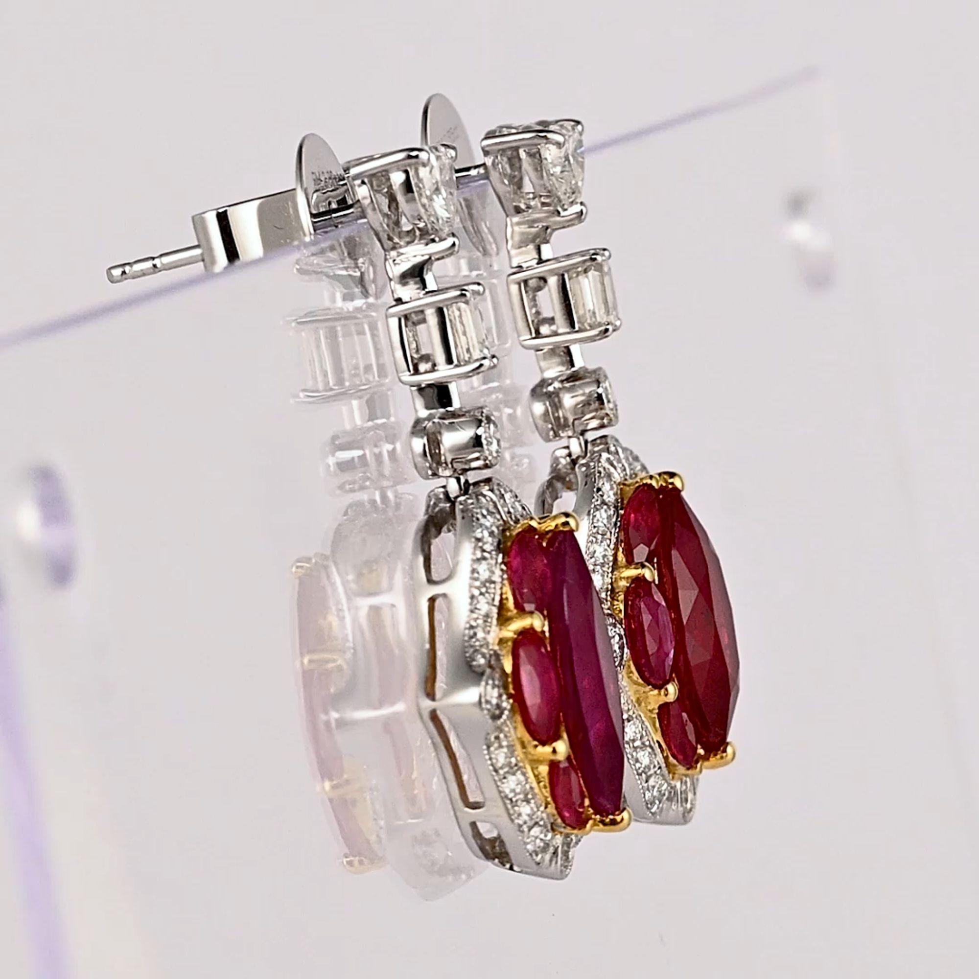 Boucles d'oreilles pendantes chandelier certifiées 9.47 carats rubis birman et diamant à grains multiples en vente 1
