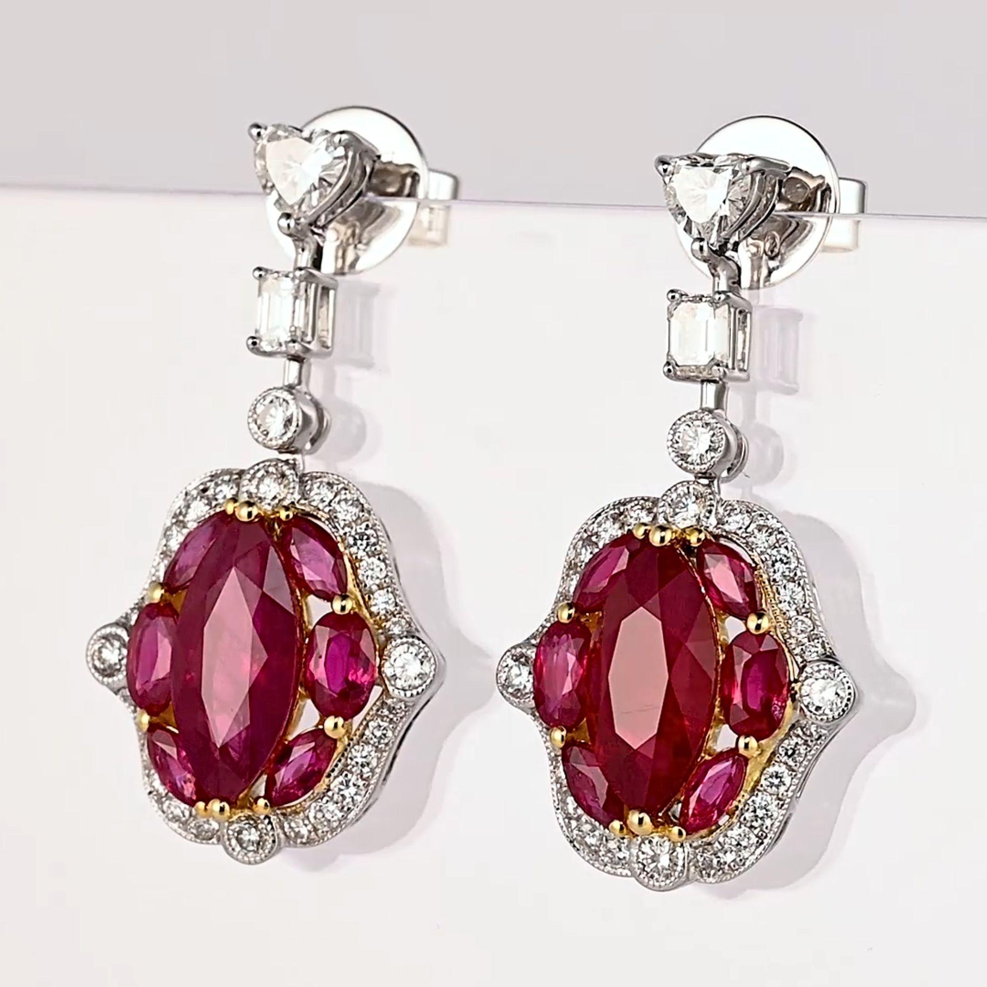 Boucles d'oreilles pendantes chandelier certifiées 9.47 carats rubis birman et diamant à grains multiples en vente 2