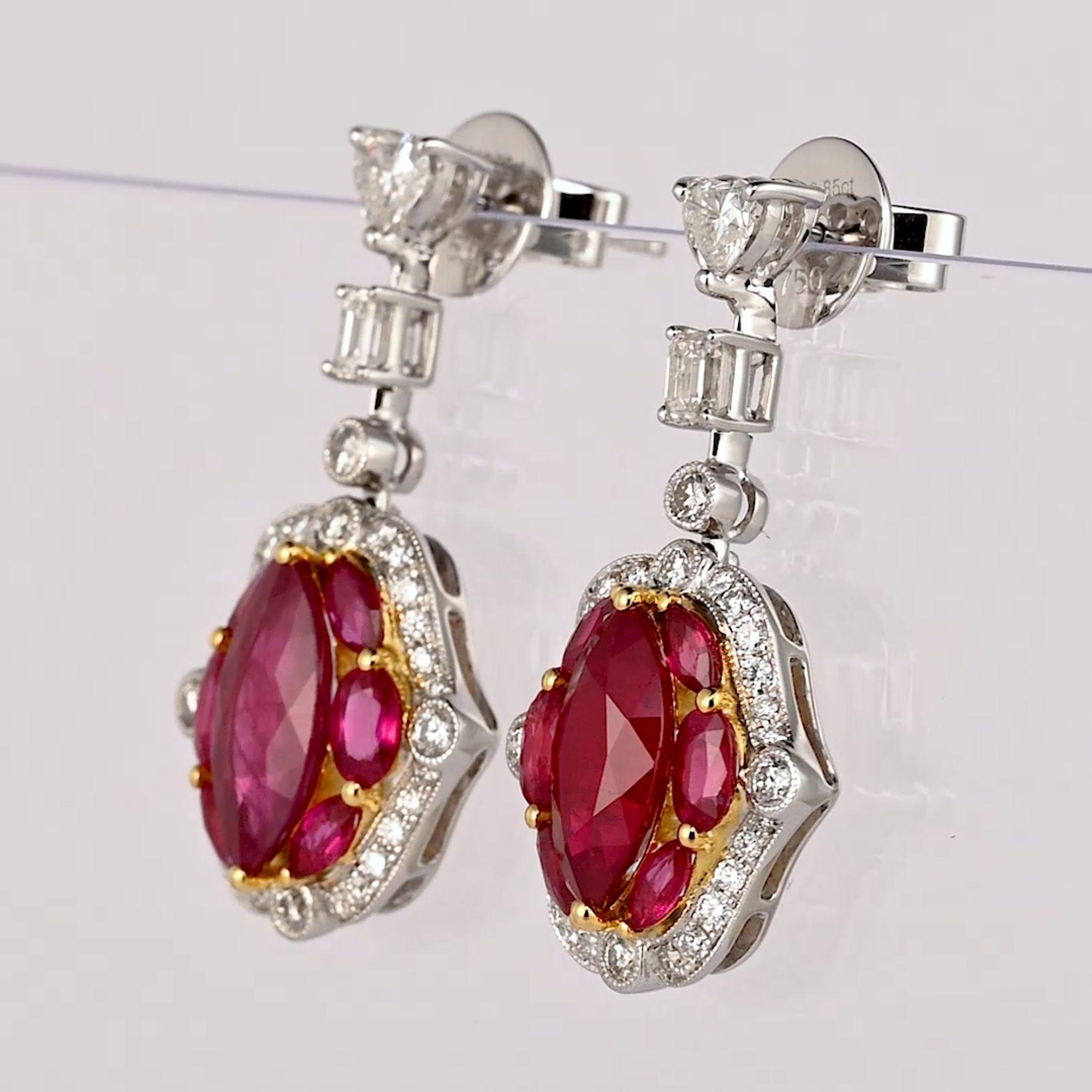 Boucles d'oreilles pendantes chandelier certifiées 9.47 carats rubis birman et diamant à grains multiples en vente 3