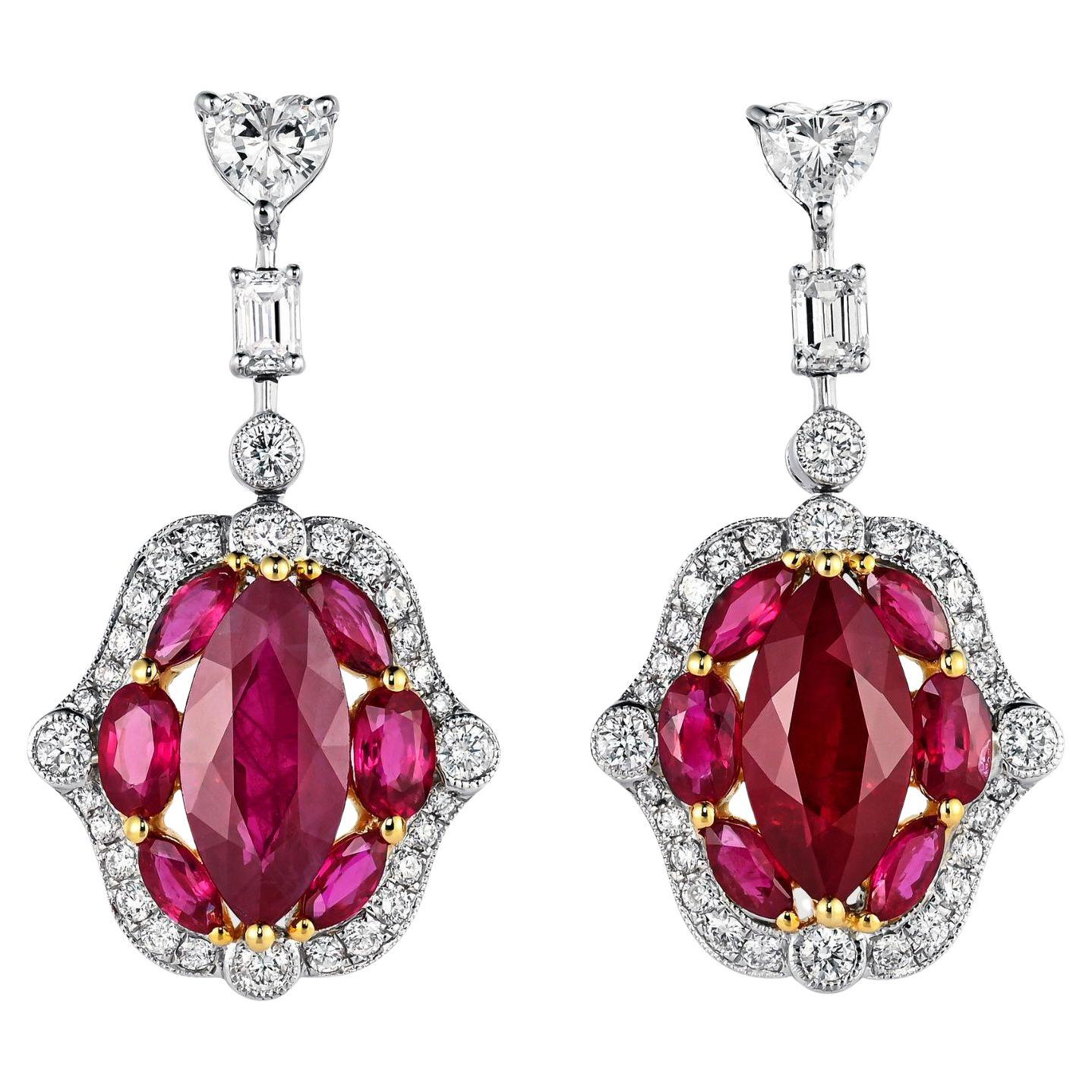 Boucles d'oreilles pendantes chandelier certifiées 9.47 carats rubis birman et diamant à grains multiples en vente
