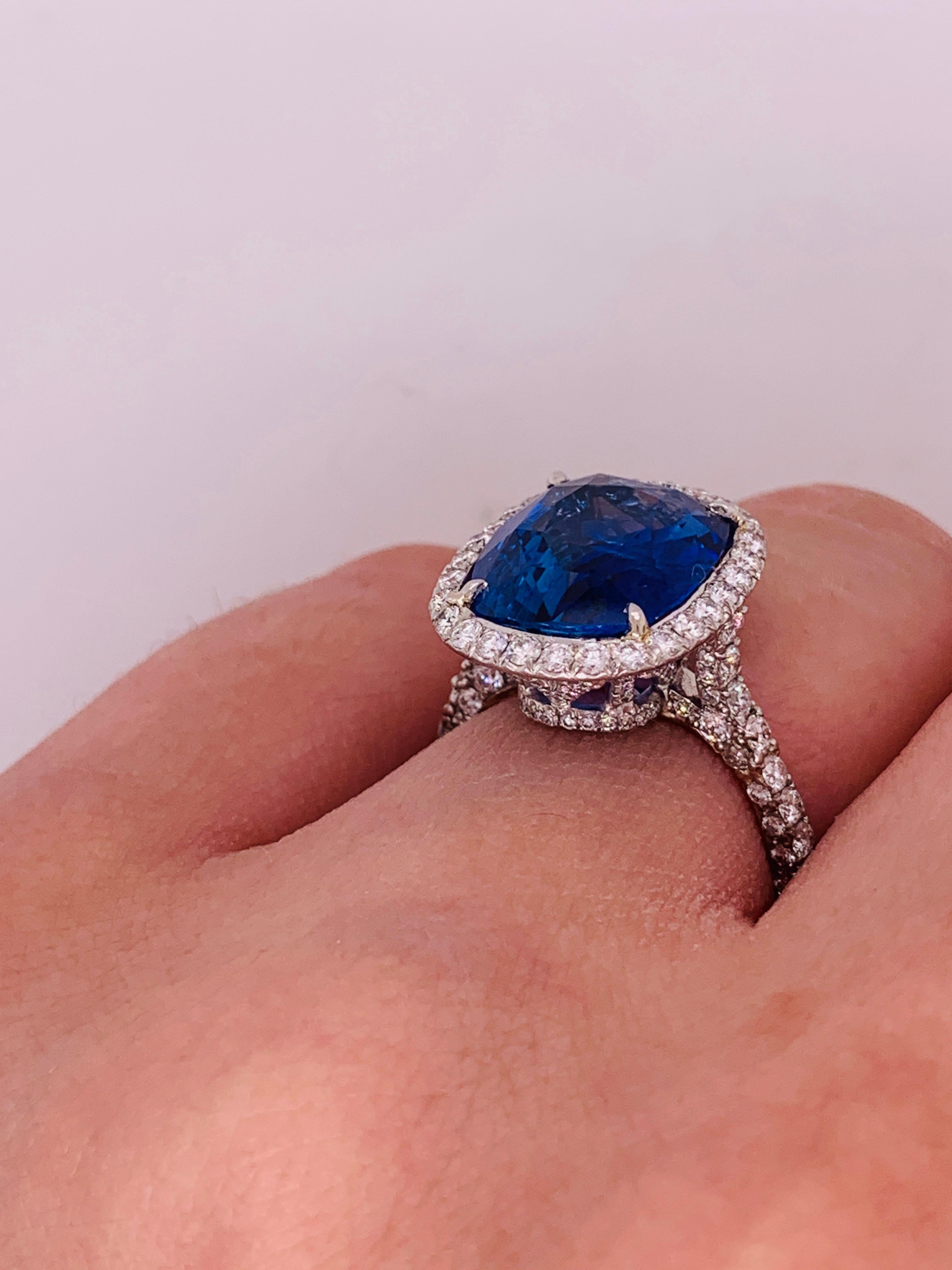 Cushion Cut Certified 9.55 Carat Royal Blue Sapphire Diamond Ring