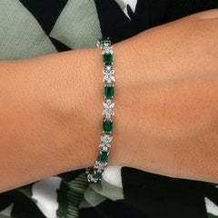 Certified 9.67Tcw Mixed Cut Zambian Emerald Diamond Tennis Bracelet 14K Gold
