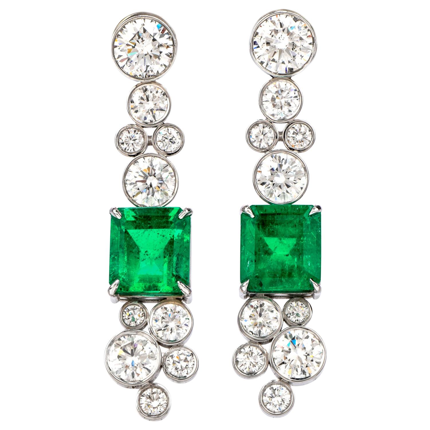Certified 9.69 Carat Colombian Emerald Diamond 18 Karat Drop Earrings