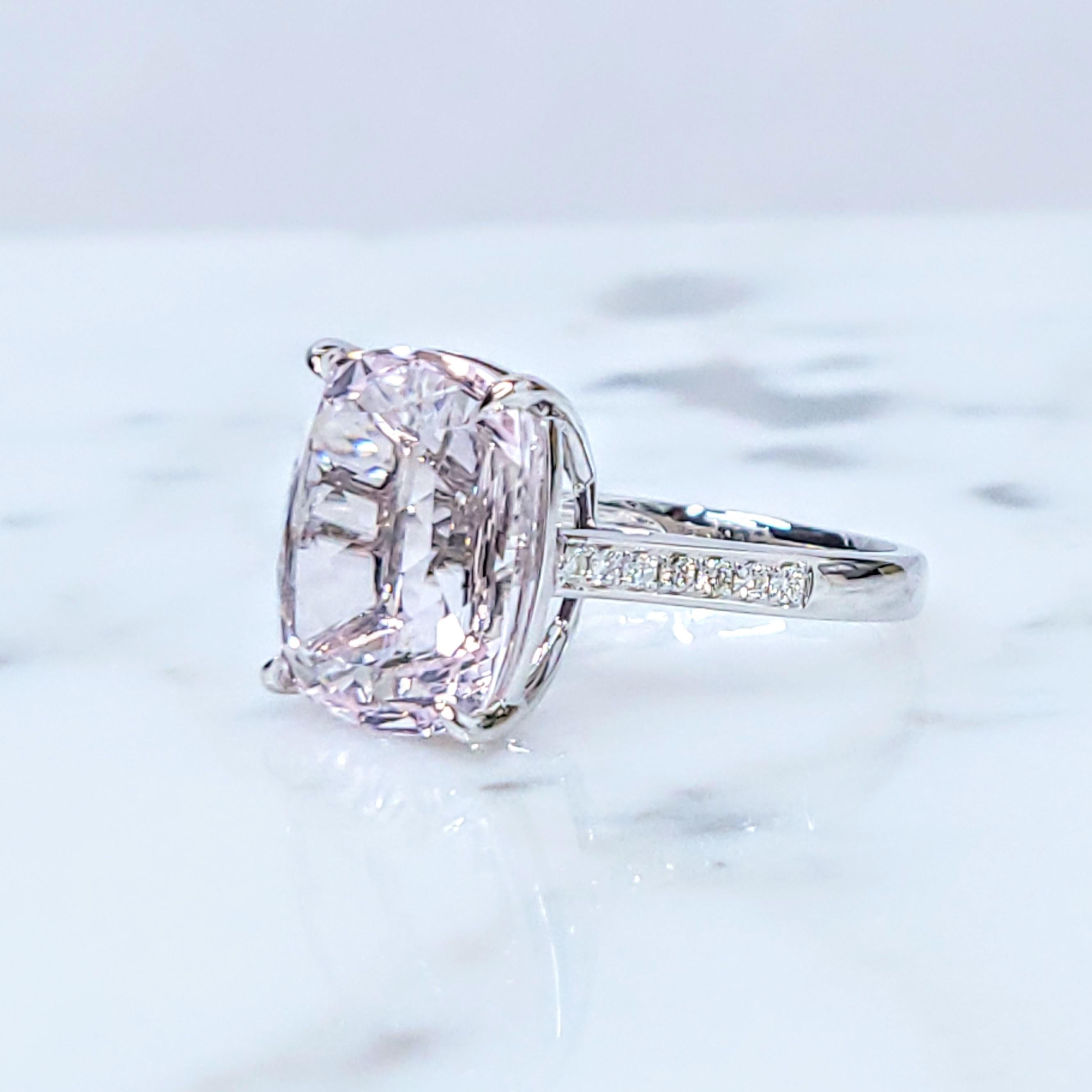 Cushion Cut Certified 9.70 Carat Morganite & Diamond Ring in 18K White Gold For Sale