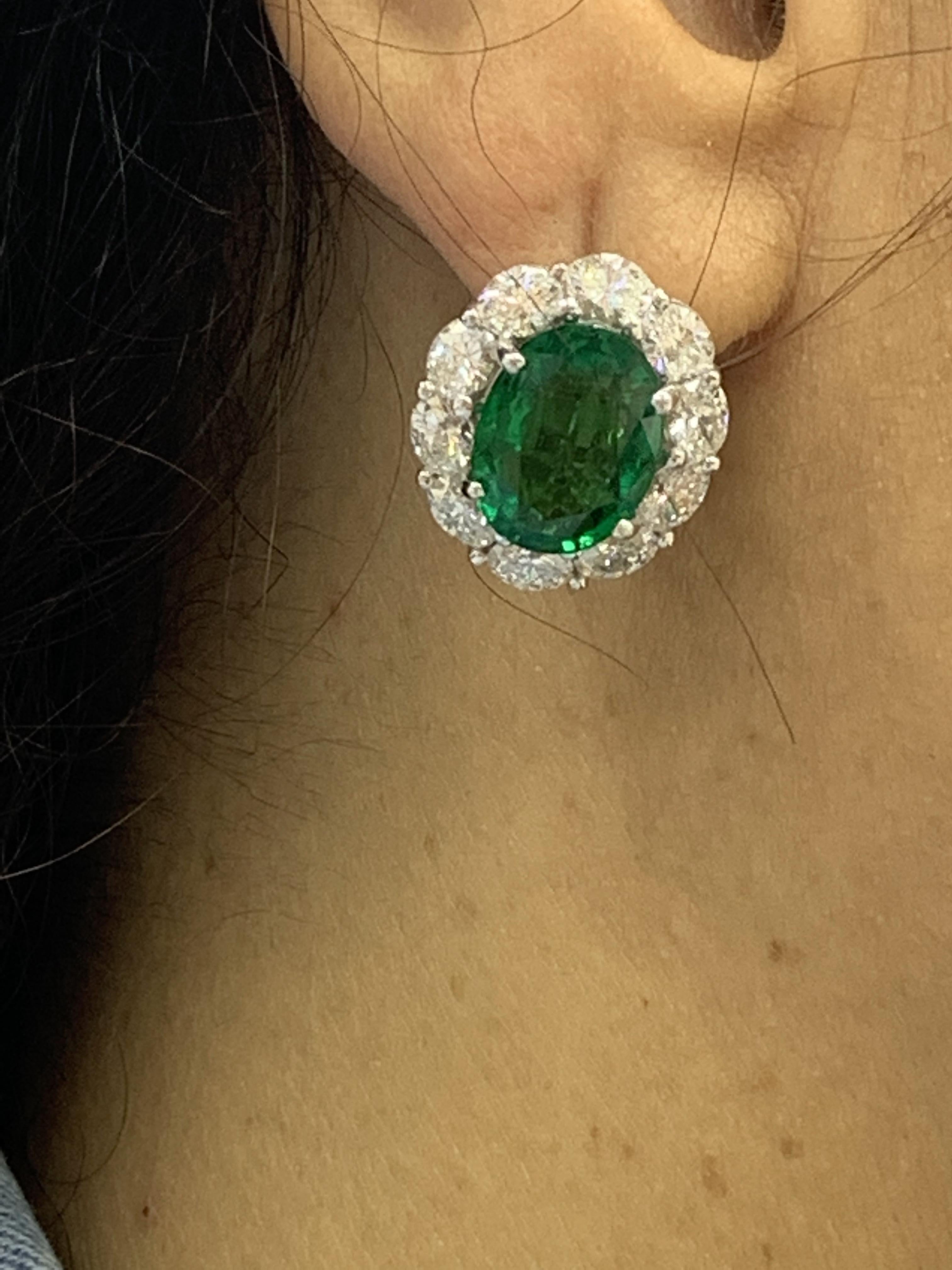 Certified 9.70 Carat Oval Cut Emerald and Diamond Halo Earrings in 18K WhiteGold For Sale 5