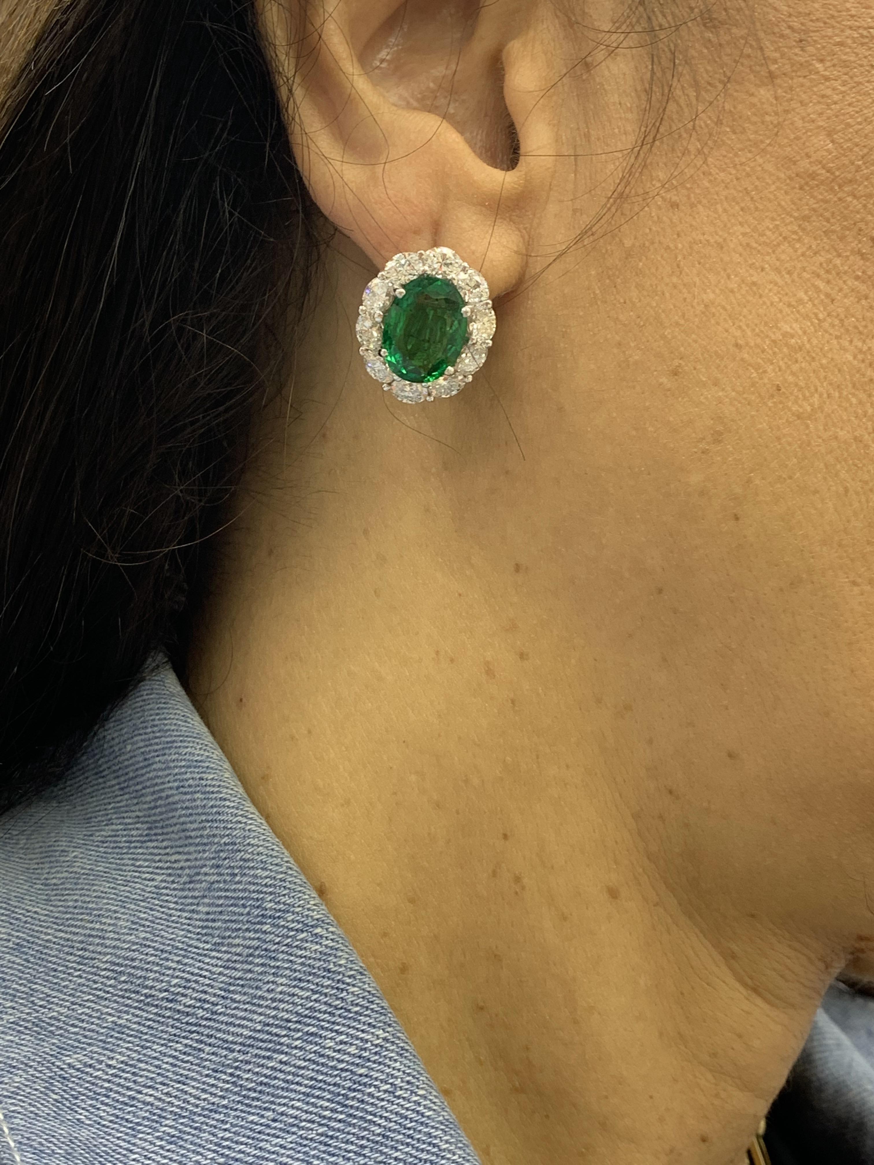 Certified 9.70 Carat Oval Cut Emerald and Diamond Halo Earrings in 18K WhiteGold For Sale 6