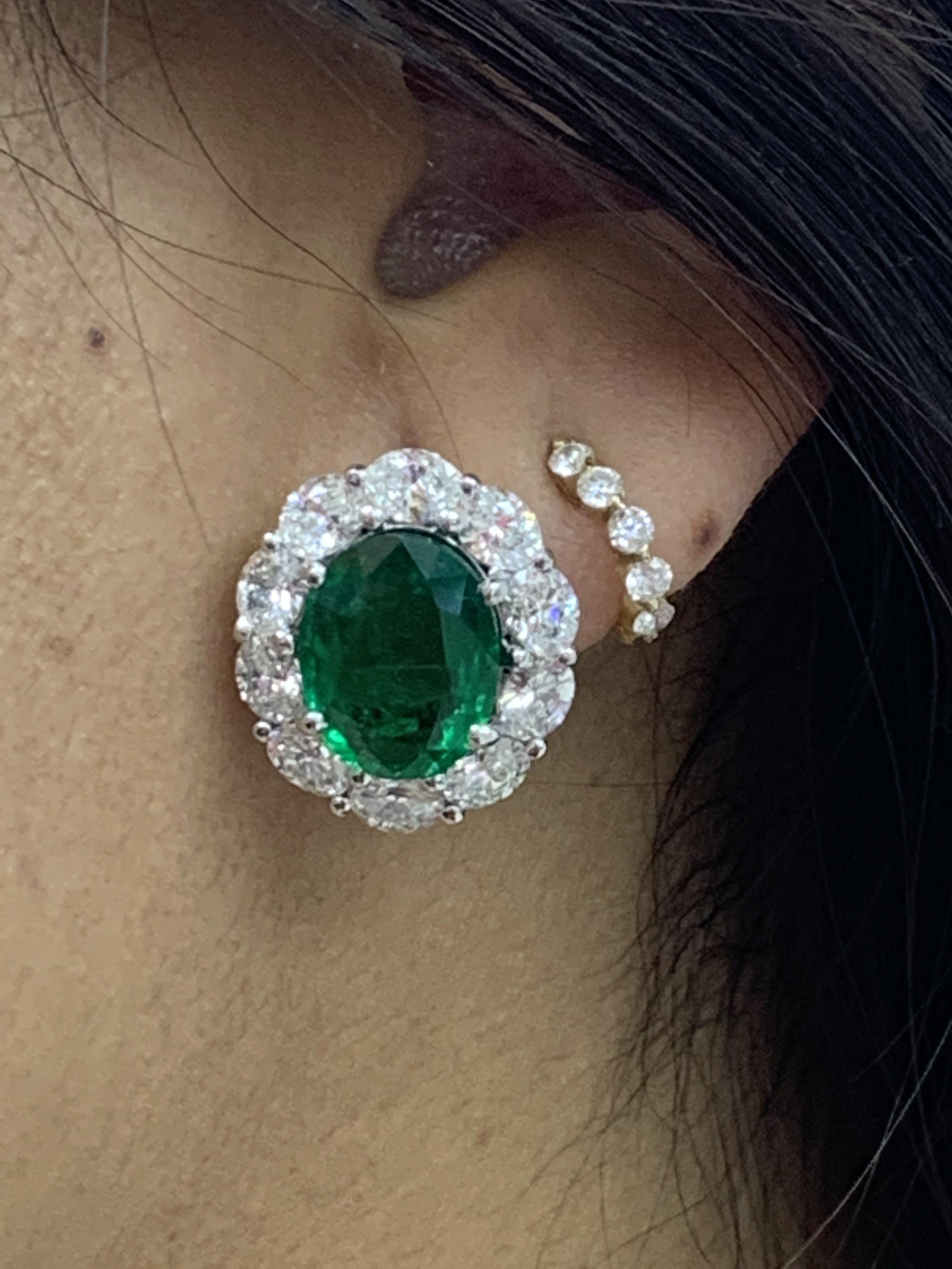 Certified 9.70 Carat Oval Cut Emerald and Diamond Halo Earrings in 18K WhiteGold For Sale 7
