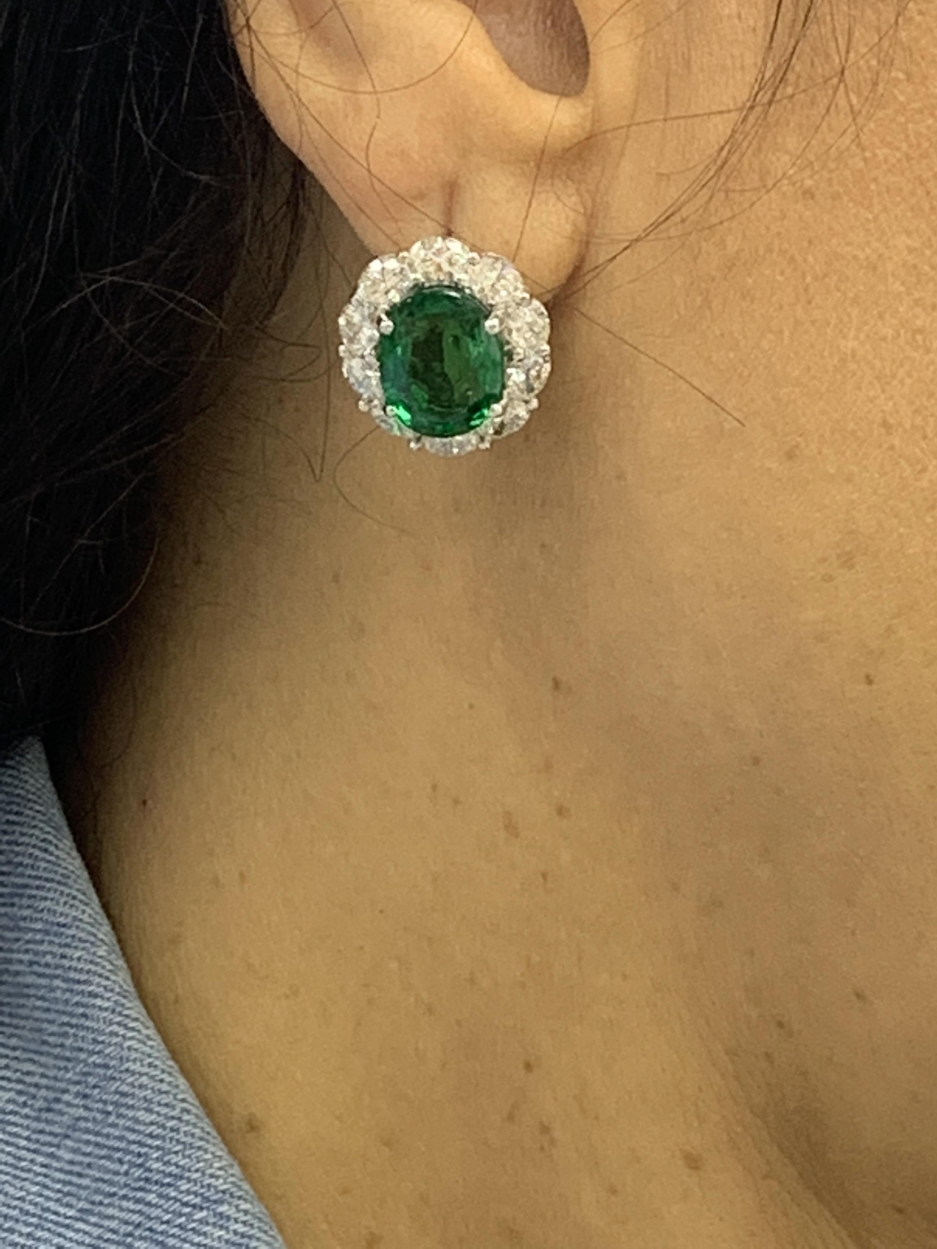 Certified 9.70 Carat Oval Cut Emerald and Diamond Halo Earrings in 18K WhiteGold For Sale 12