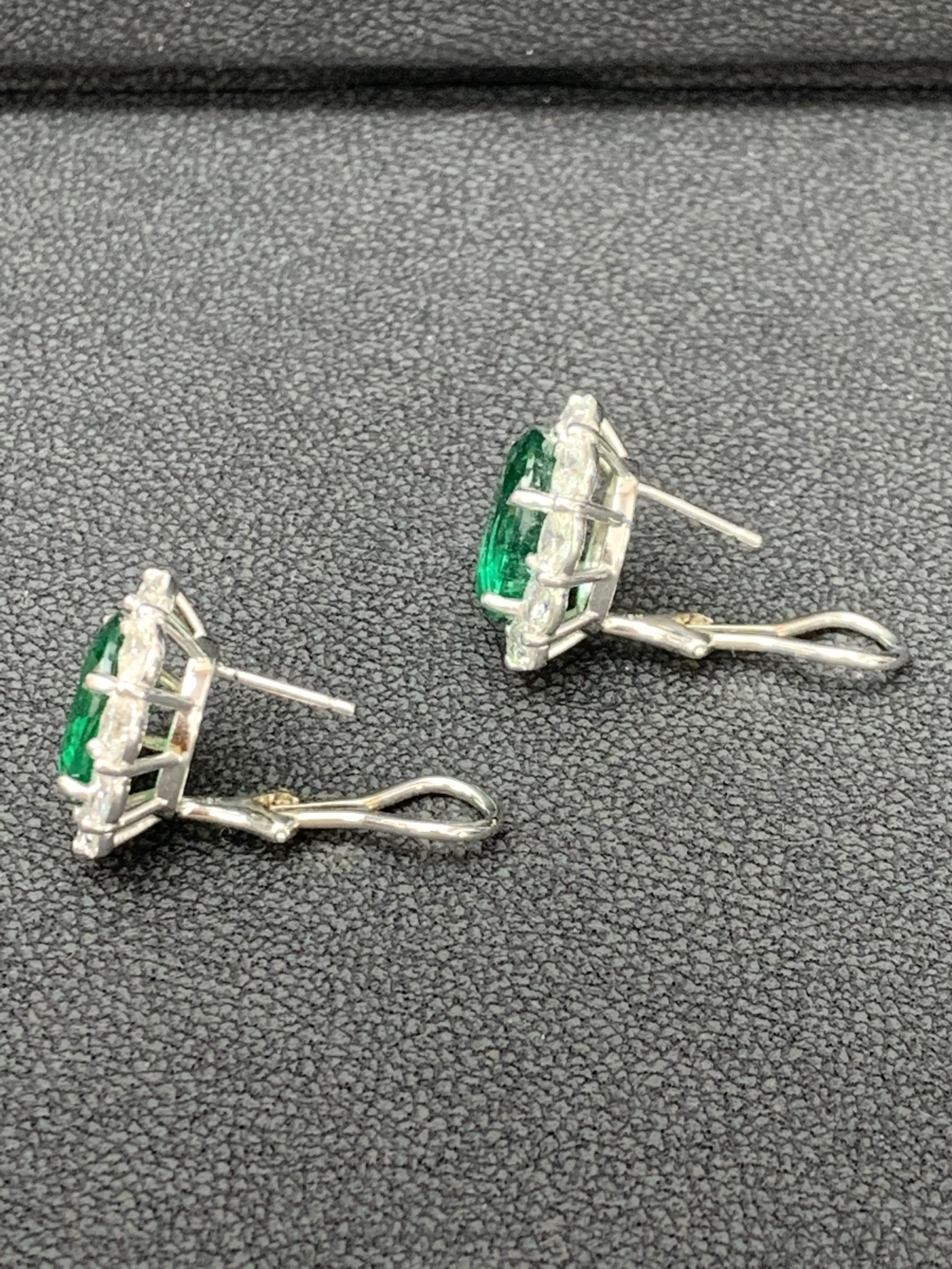 Women's Certified 9.70 Carat Oval Cut Emerald and Diamond Halo Earrings in 18K WhiteGold For Sale