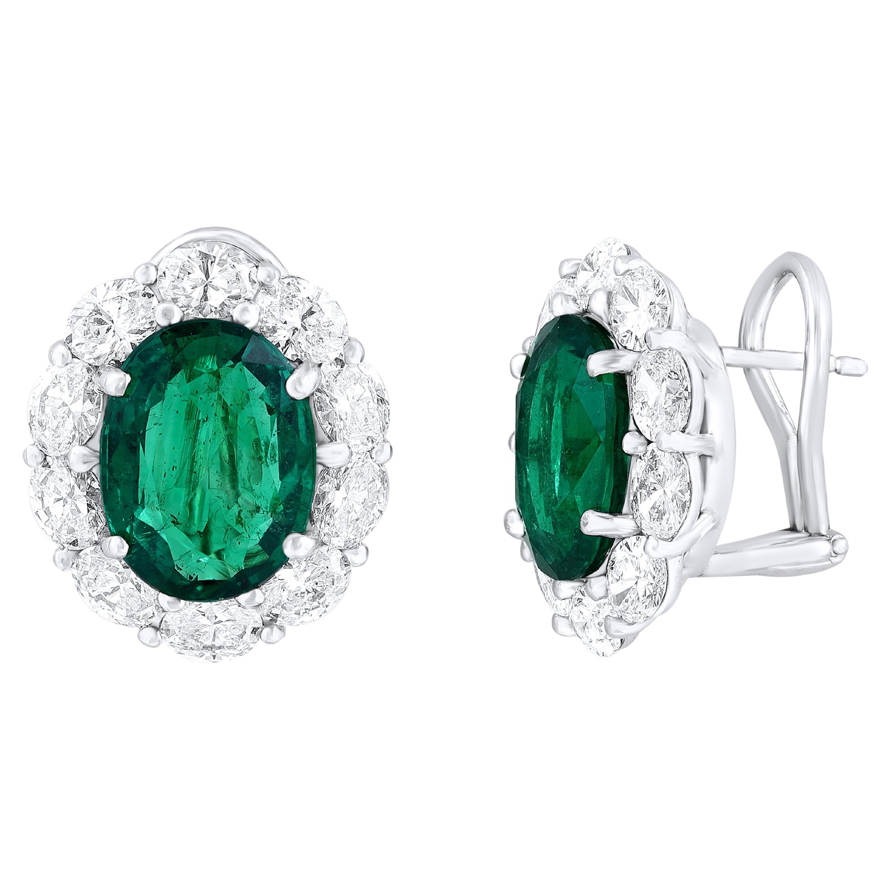 Certified 9.70 Carat Oval Cut Emerald and Diamond Halo Earrings in 18K WhiteGold For Sale
