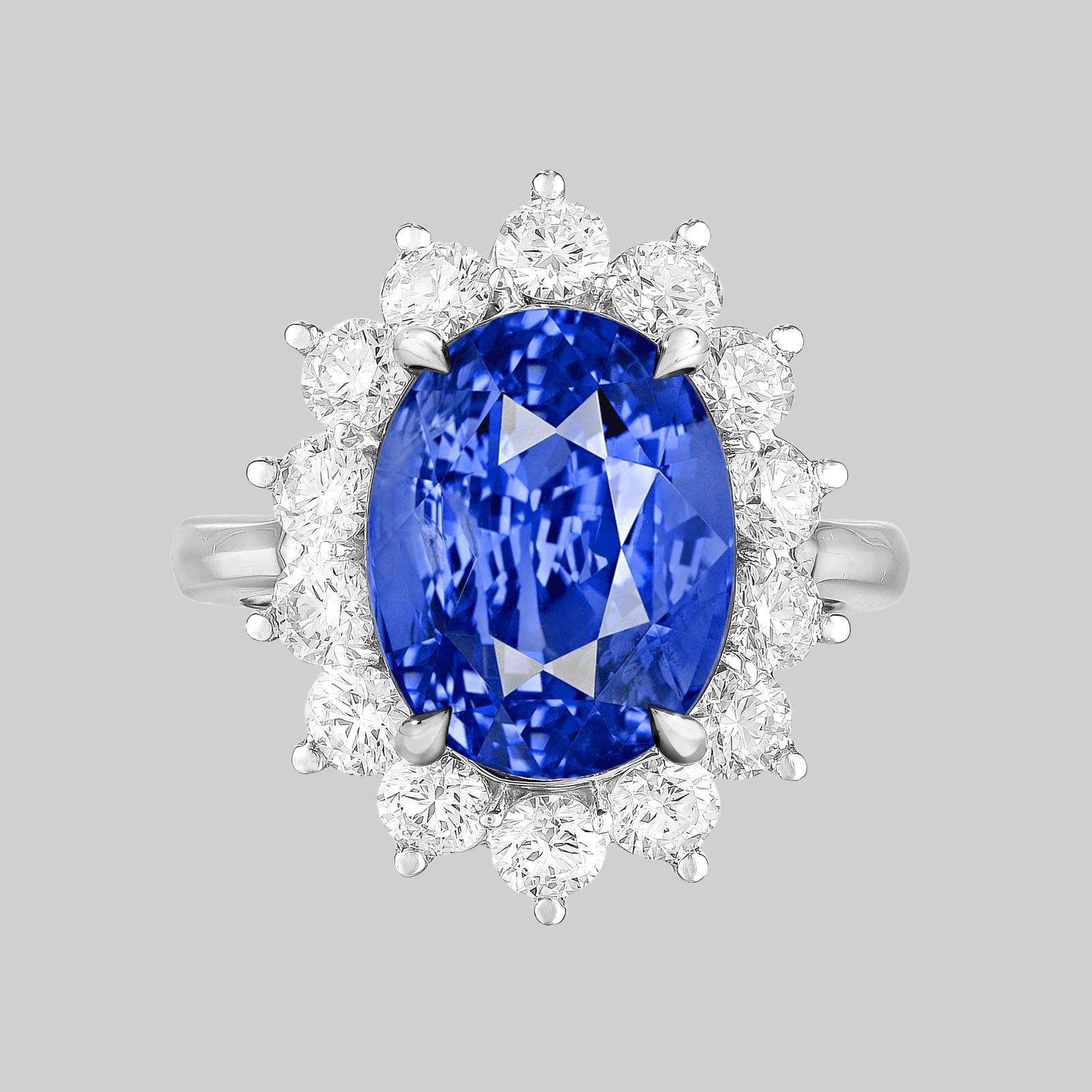 Modern Certified 9.77 Carat Intense Ceylon Blue No Heat Sapphire Diamond Ring For Sale