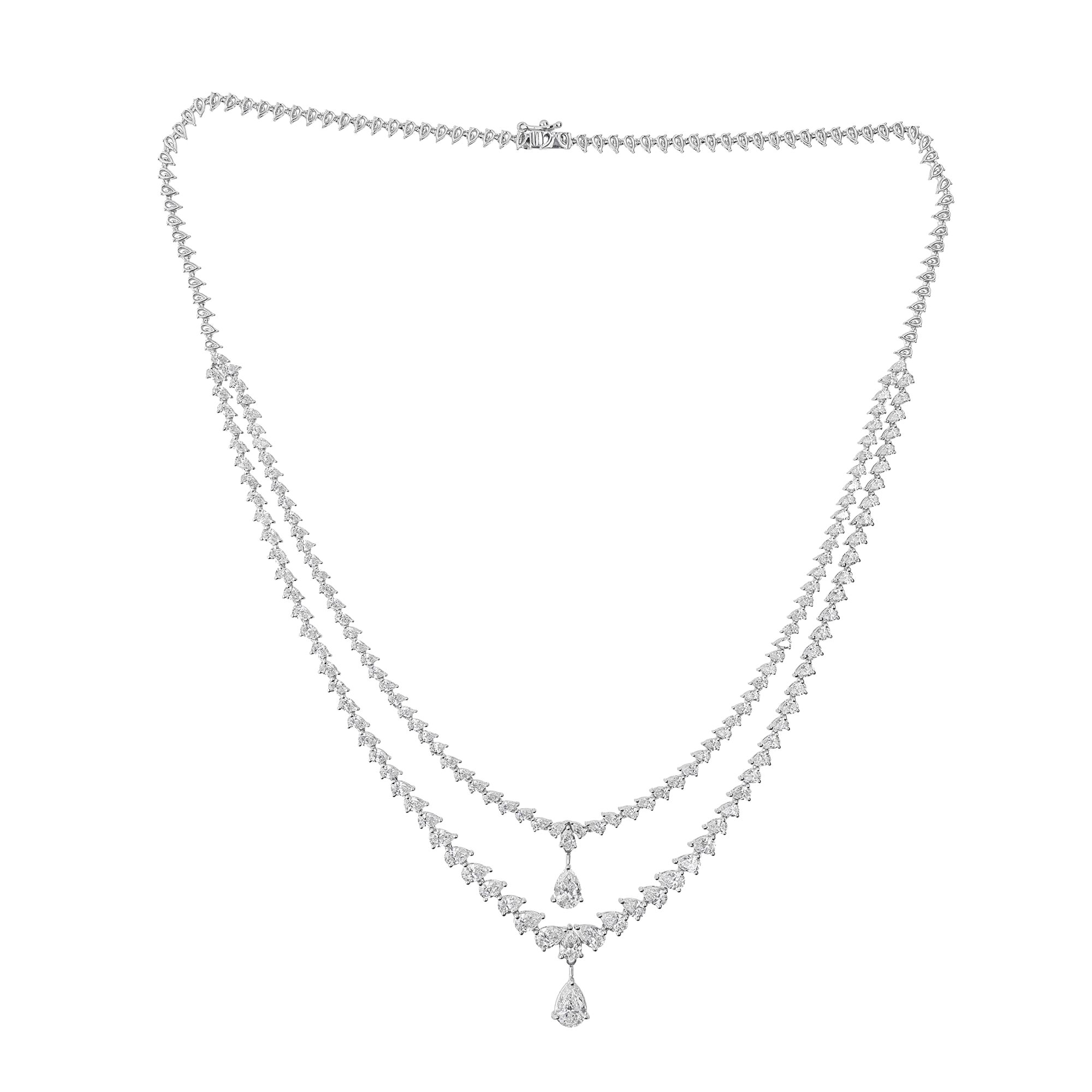 Collana a più fili con diamanti a pera certificati da 9,93 carati SI/H in oro bianco 14 carati